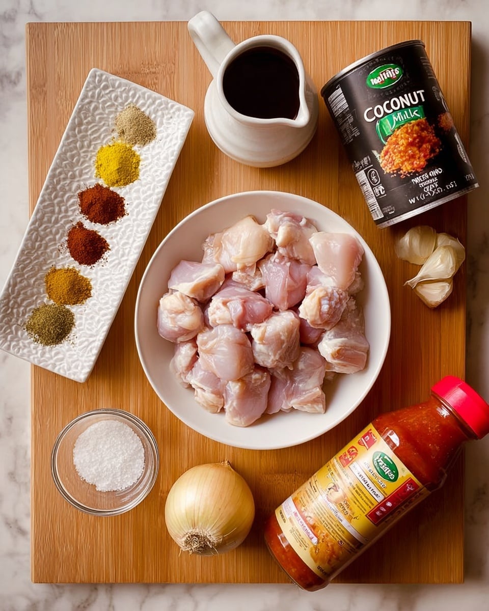 A wooden cutting board holds a white round plate in the center filled with raw pieces of chicken, pale pink and moist. To the left, there is a small white textured dish with six piles of spices in different colors: yellow, brown, light brown, red, dark brown, and white. Below it is a small glass bowl with white granules. On the top middle part of the board, a white jug contains a dark liquid. Near it is a black can labeled coconut milk, showing a green leaf and coconut image. To the right of the plate, there is a whole golden brown onion, a glass bottle of soy sauce, a small white dish with light yellow minced ginger, three garlic cloves, a red glass bottle of tomato sauce, and an orange tube of tomato purée. The background is a white marbled texture photo taken with an iphone --ar 4:5 --v 7