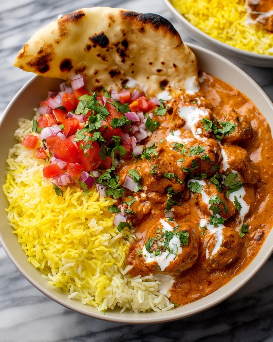 A white bowl filled with three main layers: on the bottom, bright yellow rice that looks soft and fluffy; on one side of the rice, fresh chopped red tomatoes mixed with small white onion pieces and green cilantro; covering part of the rice is a thick orange-brown curry sauce with chunky pieces of meat, topped with small green cilantro leaves and a few white swirls of cream; resting on the edge of the bowl is a piece of grilled flatbread with charred spots, leaning against the curry. The bowl sits on a white marbled surface. Photo taken with an iphone --ar 4:5 --v 7