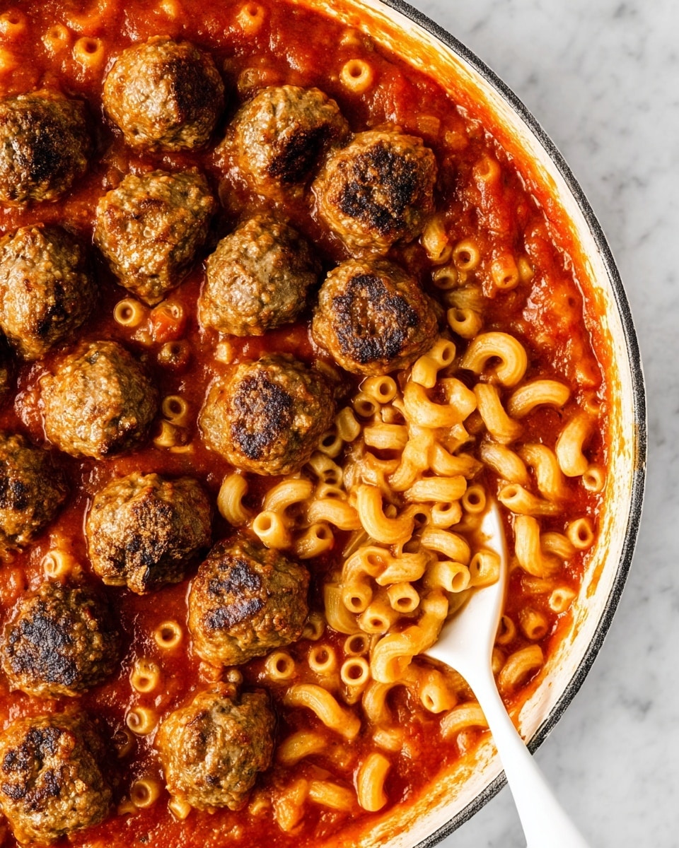 The image shows a close-up of a white cast iron pan filled with a thick red tomato sauce mixed with small, round pasta pieces scattered throughout. On top of the sauce is a group of about twenty browned, round meatballs that have a slightly crispy texture. To the right side of the pan, a white spoon is partially dipped in the sauce, with some pasta pieces around it. The background is a white marbled surface. photo taken with an iphone --ar 4:5 --v 7