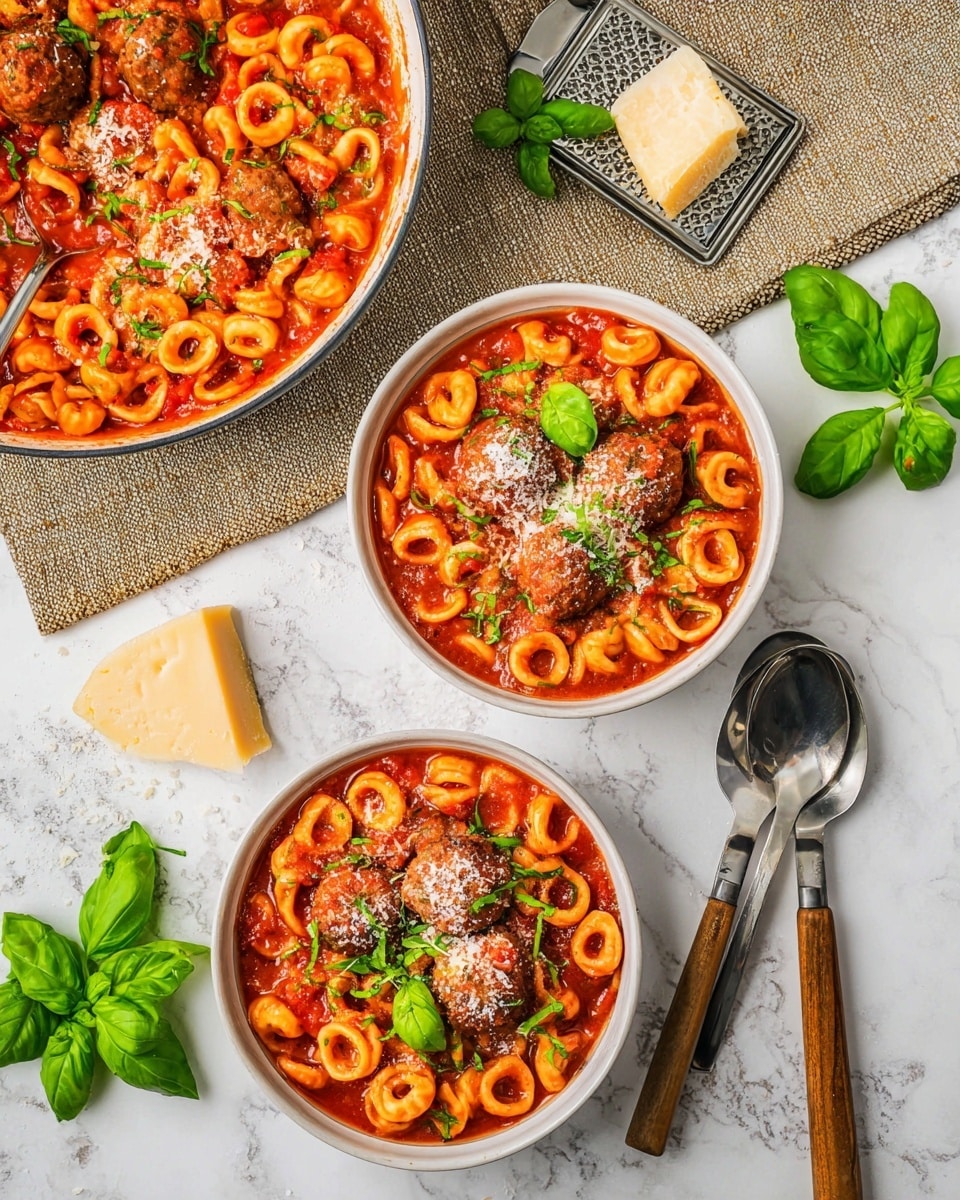Three white bowls filled with a rich red tomato sauce base and golden pasta rings mixed in, topped with brown meatballs scattered evenly throughout. Each bowl is garnished with fresh green basil leaves and sprinkled with grated pale yellow cheese and small bits of chopped green herbs. A large white skillet to the top left holds more of the same pasta and sauce, resting on a light brown textured cloth. A square block of cheese is placed on a silver grater near the skillet. Two spoons with wooden handles are placed next to the bowl on the right, on a white marbled surface. Additional fresh green basil leaves are spread around the bowls. Photo taken with an iphone --ar 4:5 --v 7