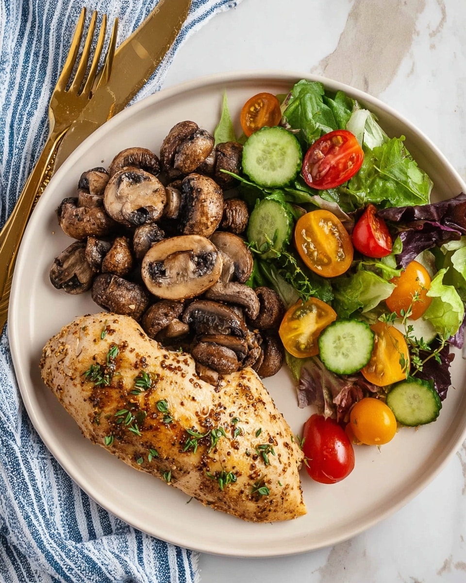 A large white round plate holds three main layers: on the left, a cooked chicken piece with a light brown, slightly textured surface sprinkled with some herbs and black pepper; on the right, a pile of sautéed mushrooms in dark brown with a glossy finish and small green herb bits scattered on top; on the upper right, a colorful salad layer with mixed leaves in dark green, halved cherry tomatoes in red and orange-yellow, and sliced cucumber with green skin and pale green inside, arranged over the leaves. The plate sits on a white marbled surface with a gold fork resting on the left edge and a blue and white striped cloth nearby. Photo taken with an iphone --ar 4:5 --v 7