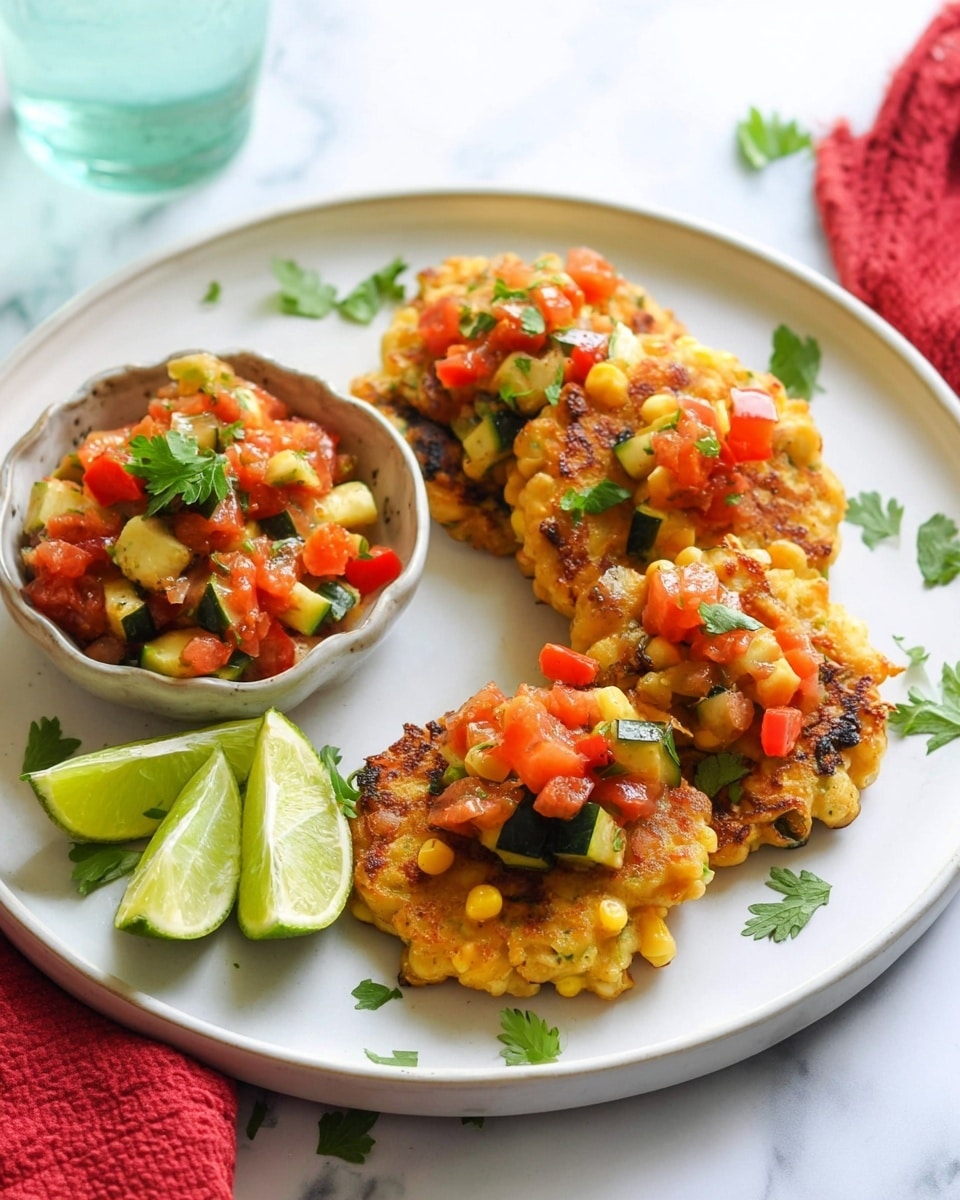 A white round plate holds four golden corn fritters topped with a mix of diced red tomatoes, green zucchini, and orange bell peppers, with fresh green parsley leaves scattered on top. To the left of the fritters is a small white bowl filled with chunky mixed vegetable salsa showing red tomatoes, green zucchini, and orange bell peppers. Two bright lime wedges rest on the plate beside the fritters. The plate sits on a white marbled surface with a blurred background including a glass of water and a red cloth. The photo taken with an iphone --ar 4:5 --v 7