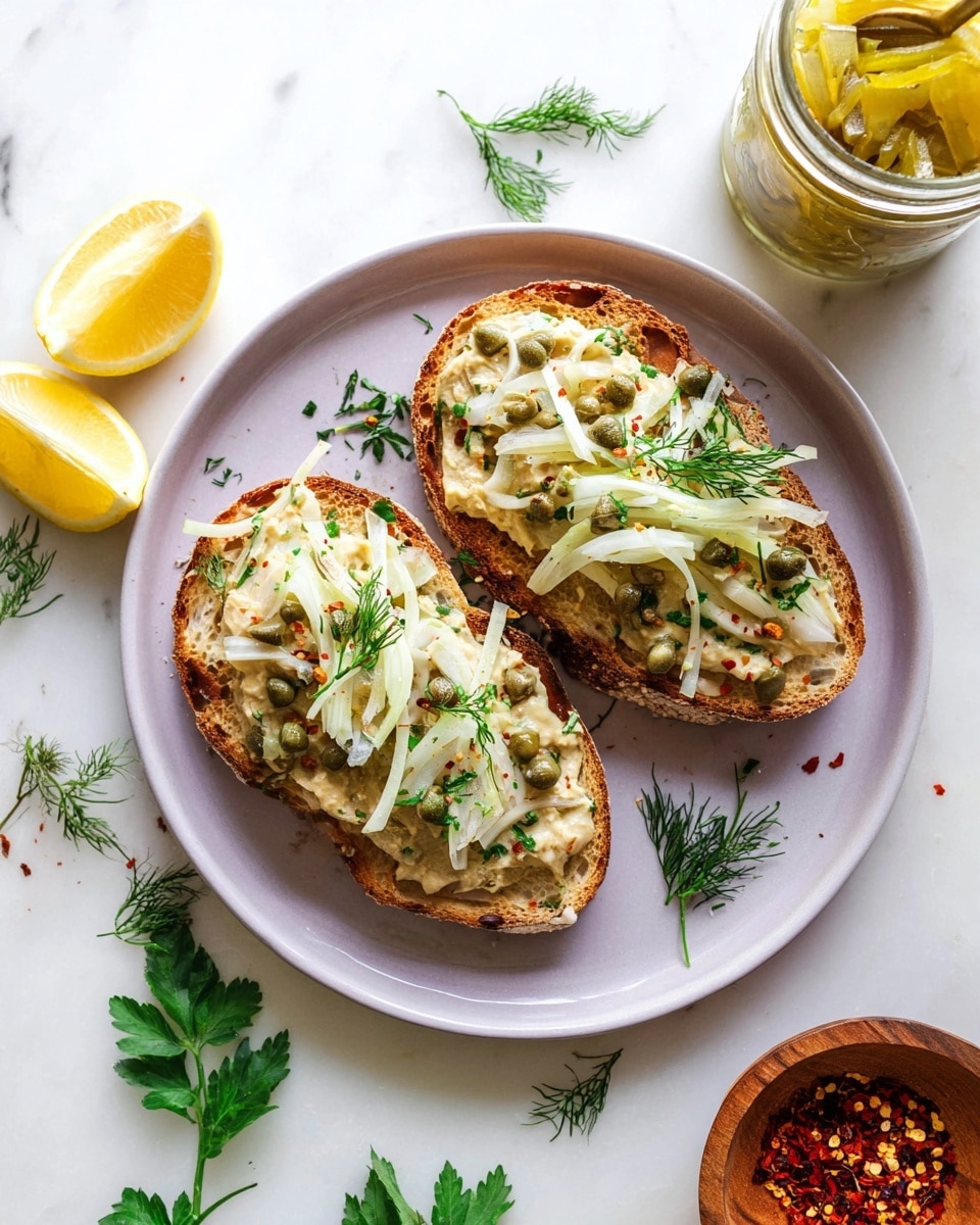 Two slices of toasted bread are placed on a white round plate with a purple tint, set on a white marbled surface. Each slice has a creamy, light beige spread mixed with green herbs and small capers. On top, there are thin white strips of fennel layered in a loose pile, garnished with small green parsley leaves and dill sprigs. Around the plate, there are three lemon wedges with bright yellow skin, some scattered green parsley leaves, and a small brown wooden bowl filled with red chili flakes. In the top right corner, a glass jar with light yellow pickled fennel pieces is visible. The overall look is fresh and colorful with a mix of soft textures and fresh herbs photo taken with an iphone --ar 4:5 --v 7