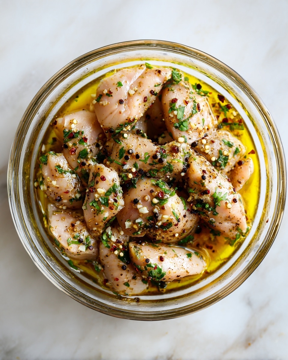 A glass bowl holds small pieces of raw chicken soaked in golden oil with black and red peppercorns scattered on top. The chicken pieces are pale pink with a light brown spice coating. Bright green chopped parsley is spread evenly over the chicken, adding spots of fresh color. Tiny bits of minced garlic and seasoning are visible in the oil, which has a shiny and smooth texture. The bowl is placed on a white marbled surface. photo taken with an iphone --ar 4:5 --v 7