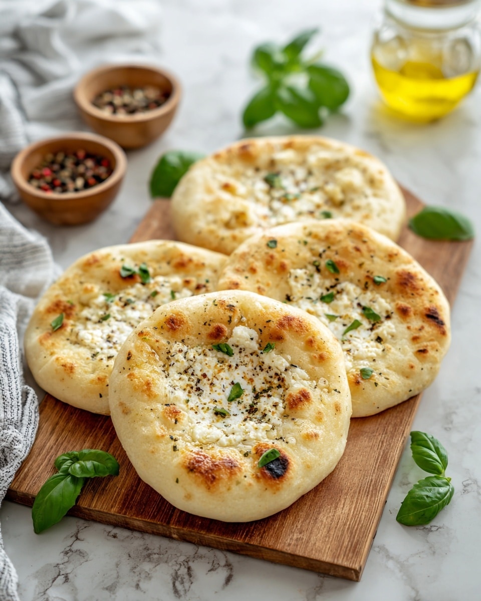 Four round, golden naan breads with a soft, slightly puffy texture are placed on a wooden cutting board. Each naan has a center filled with white cheese, sprinkled with black pepper and small green herbs. The breads show light brown, toasted spots scattered across their surface. Fresh green basil leaves are placed around the board, adding color contrast. In the blurry background on a white marbled surface, there is a glass jar with golden olive oil and a small wooden bowl with mixed peppercorns. A white and gray cloth is partially visible on the left side of the frame. Photo taken with an iphone --ar 4:5 --v 7
