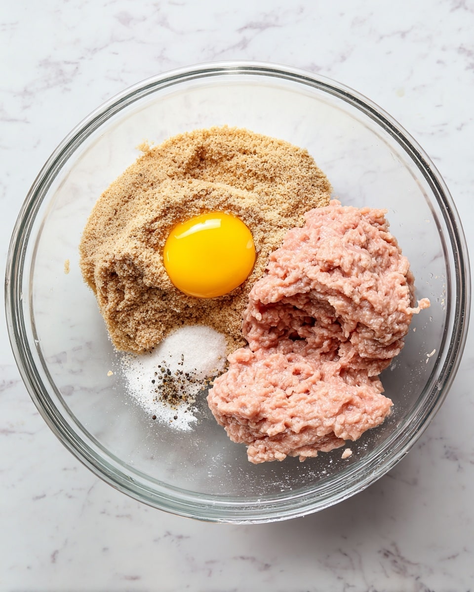In the first image, a clear glass bowl sits on a white marbled surface, holding several layers: at the bottom, light pink raw ground meat; on top to one side, a large mound of light brown breadcrumbs; next to it, a bright yellow raw egg yolk sitting on a small pool of egg white; scattered near the yolk are white salt and black pepper powders. The second image shows the same clear glass bowl on the white marbled surface but now filled with a single, smooth, evenly mixed pale pink and light brown ground meat mixture with a moist texture, with some residue clinging to the sides of the bowl. photo taken with an iphone --ar 4:5 --v 7