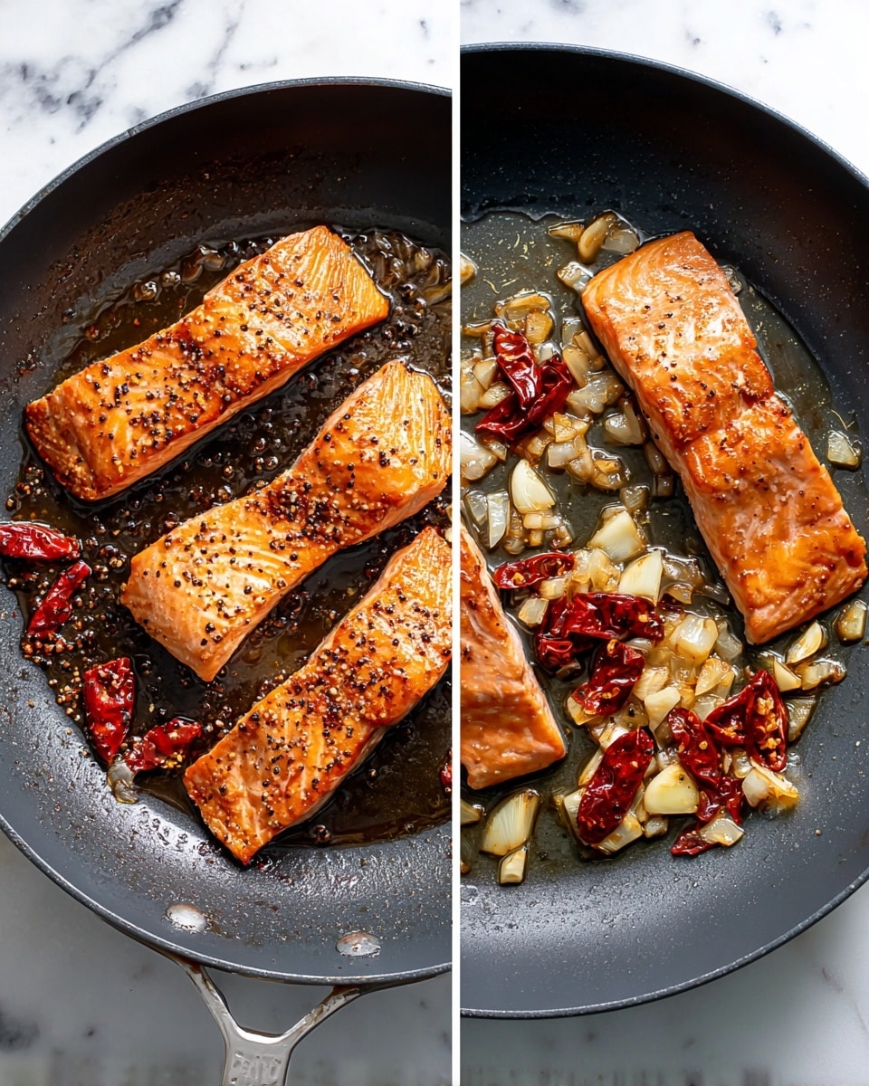 The image shows four pieces of cooked salmon fillets in a black pan, with a golden-brown crispy surface and black pepper sprinkled on top, sitting in glistening oil. The second part of the image features a white frying pan on a white marbled surface, with chopped onions, slices of garlic, and dried red chili peppers sizzling in oil, scattered evenly across the pan's surface. The onions are translucent and slightly browned, mixing with the vibrant red chilies and pale garlic slices. photo taken with an iphone --ar 4:5 --v 7