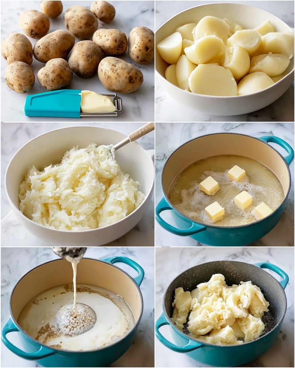 The collage shows eight steps for making mashed potatoes. The first layer has four whole brown potatoes with rough skin on a white marbled surface next to a teal peeler. The second image shows peeled potatoes, off-white with soft edges, heaped in a white bowl on a white marbled surface. The third layer shows the peeled potatoes placed inside a teal pot while water is poured in. The fourth image shows the teal pot filled with bubbling water as the potatoes cook. The fifth step shows the cooked potatoes in the pot with several small butter cubes on top. The sixth image has an electric masher pressing into the potatoes while white milk is poured. The seventh image shows creamy mashed potatoes with black pepper and a spoonful of sour cream added on top inside the teal pot. The last layer shows the mashed potatoes spooned into a dark skillet, sprinkled with black pepper and topped with two curls of butter. The whole setting is on a white marbled background. photo taken with an iphone --ar 4:5 --v 7