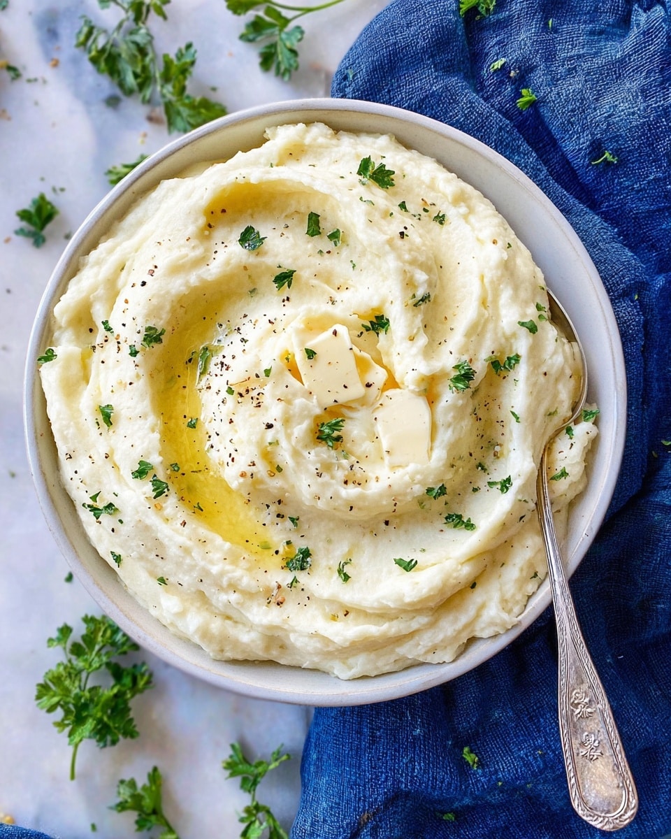 A white bowl filled with smooth, creamy mashed potatoes with soft swirls creating a textured top layer. On top are small melting butter pieces with a shiny, rich texture, surrounded by a light drizzle of melted butter that pools softly in the dips. The mashed potatoes are sprinkled with small, bright green parsley leaves and tiny specks of black pepper for contrast. A silver spoon with intricate engraving rests partially submerged on the right side of the bowl. The setting includes a dark blue cloth on a white marbled surface with scattered parsley leaves around. Photo taken with an iphone --ar 4:5 --v 7