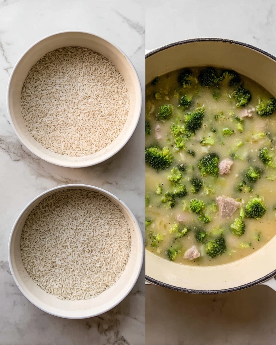 The image shows two white cooking pots on a white marbled surface. The first pot contains a single layer of uncooked white rice spread evenly over the bottom, with a slightly loose arrangement and a light, dry texture. The second pot has a thick broth with a pale yellow color filling the base, mixed with several small to medium green broccoli florets and pieces of cooked light pink meat distributed throughout the liquid, giving a chunky, hearty look. photo taken with an iphone --ar 4:5 --v 7