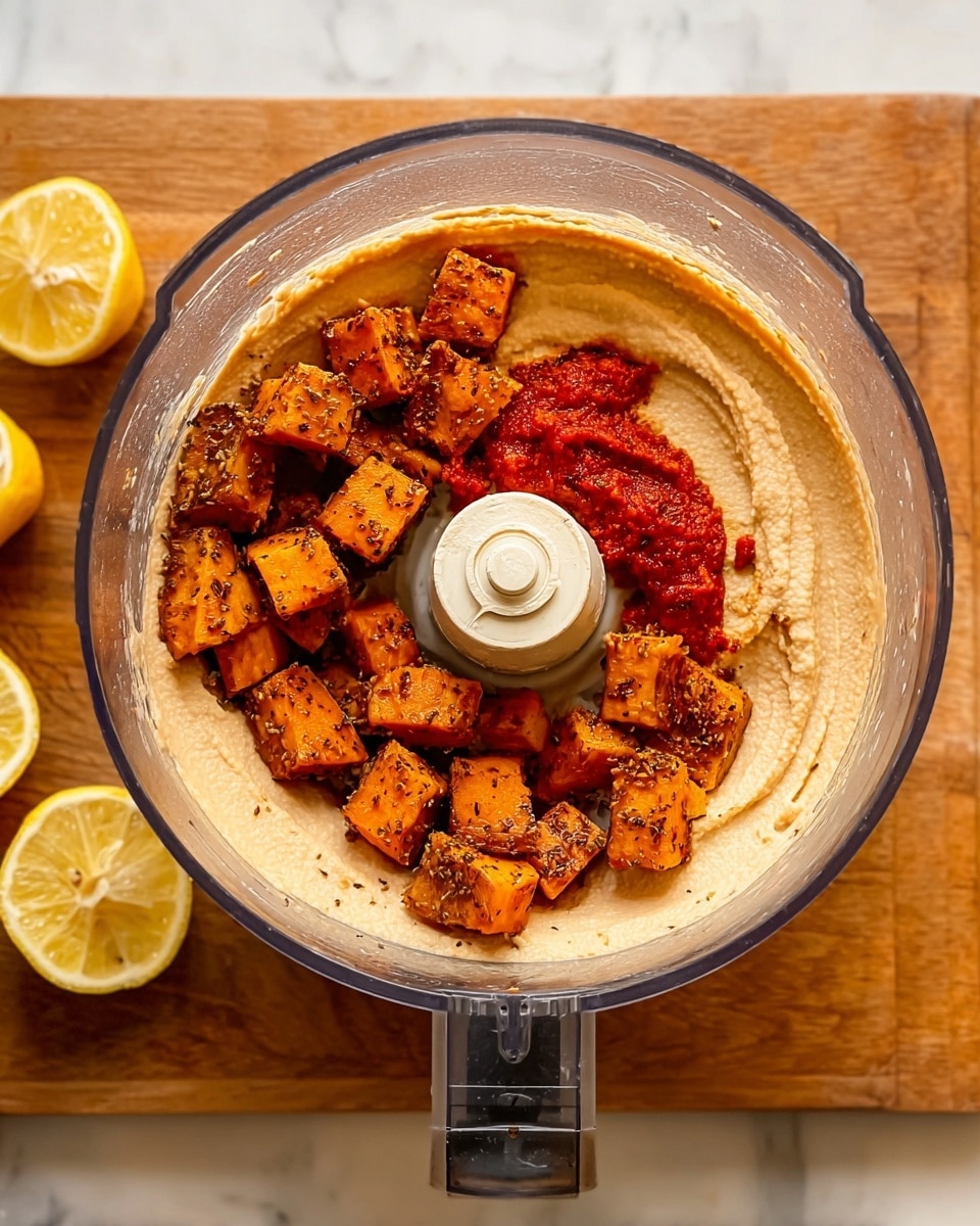 A clear food processor bowl filled with a creamy, smooth beige hummus spread evenly around the bottom and sides, topped in the center with bright red chunky tomato paste and golden brown roasted sweet potato cubes seasoned with black specks. The bowl is placed on a wooden board with two squeezed lemon halves nearby on a white marbled surface. The image is a close top-down view showing the layers and textures clearly. photo taken with an iphone --ar 4:5 --v 7
