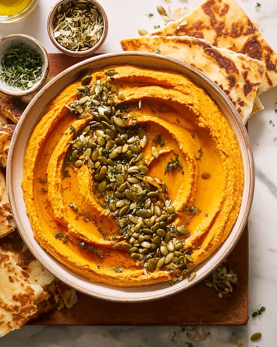 A bowl filled with smooth orange hummus, spread in a swirl with ridges, topped in the center with a generous pile of green pumpkin seeds and small bits of herbs. Around the hummus center, there is a drizzle of oil adding shine. To the side, there is a piece of flatbread with a slightly charred surface, and small bowls with seeds and chopped herbs. The background is a white marbled surface with a wooden board underneath the bowl. Photo taken with an iphone --ar 4:5 --v 7