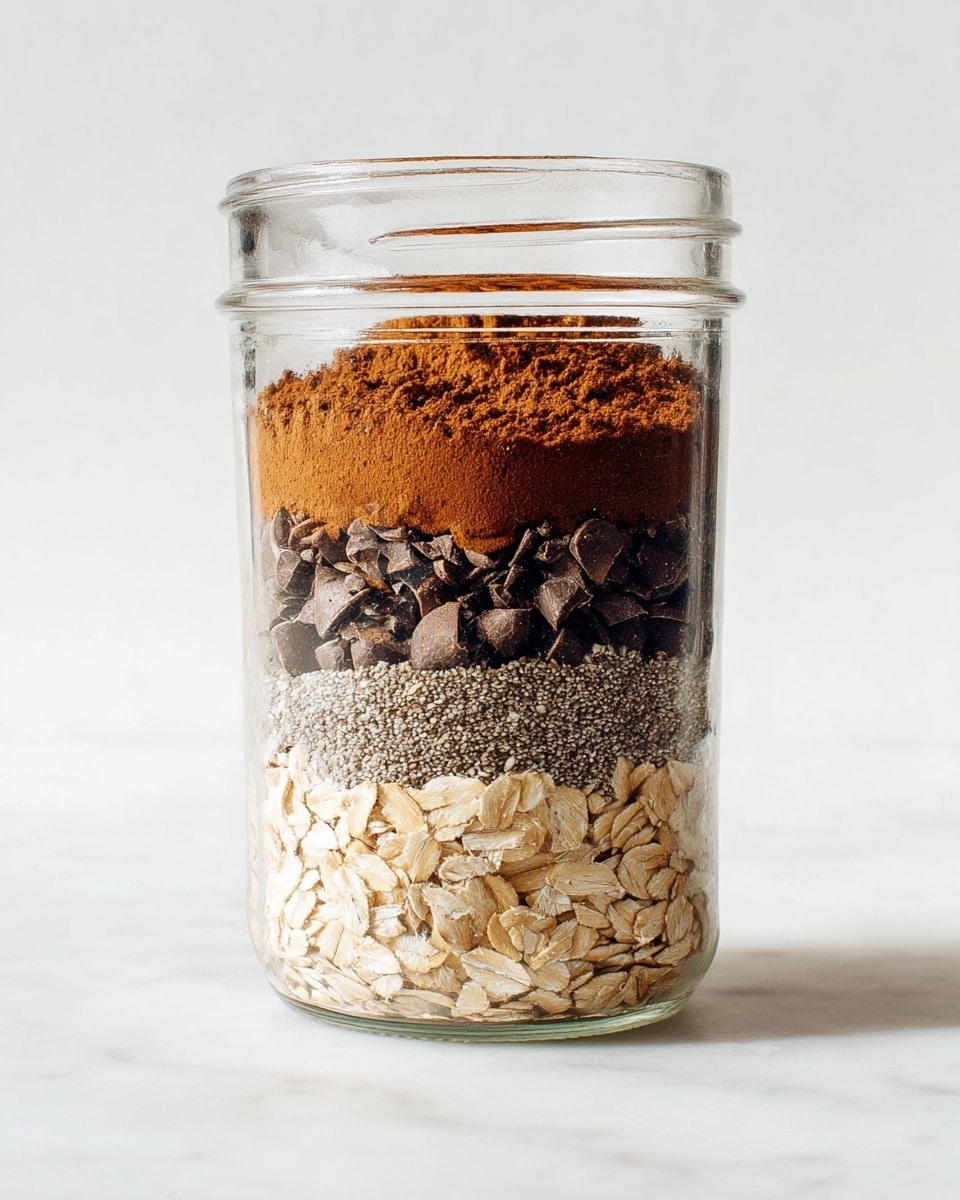 A clear glass jar filled with four layers of ingredients, placed on a white marbled surface. The bottom layer consists of light beige rolled oats with a rough, flaky texture. Above that is a thin layer of small, black chia seeds mixed with white grains. The next layer is dark brown chocolate chips, smooth and shiny, clustered closely together. The top layer is a fine, reddish-brown powder, likely cocoa or cinnamon, evenly spread. The jar is simple and transparent, showing the distinct colors and textures clearly, with soft natural lighting. Photo taken with an iphone --ar 4:5 --v 7