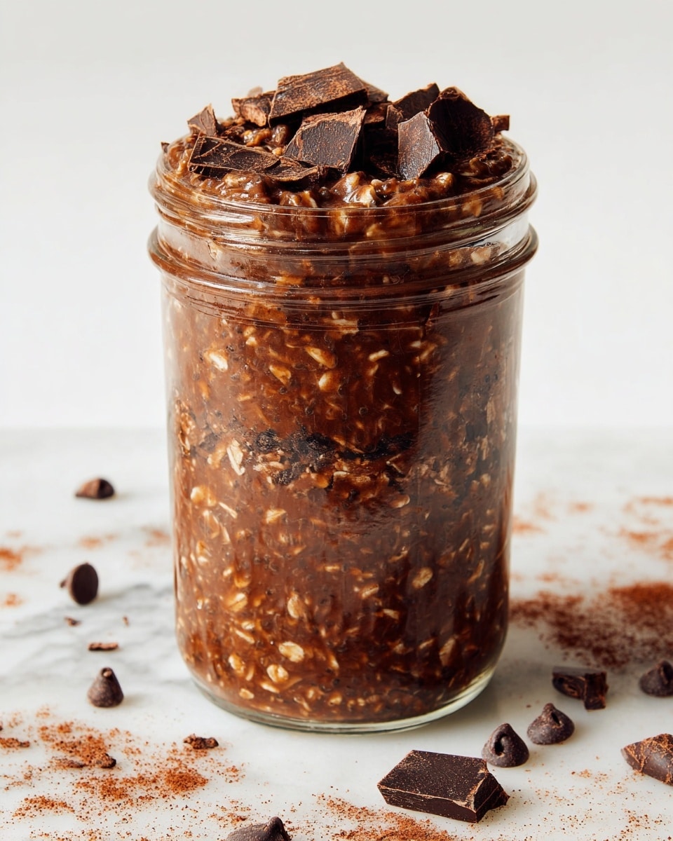 A clear glass jar filled with three thick layers of chocolate oats mixture, dark brown with visible oats and chia seeds mixed evenly throughout. The top layer is sprinkled with large, rough chocolate chunks in different shapes and sizes, adding texture to the smooth yet chunky oat mixture inside. Around the base of the jar on a white marbled surface, there are scattered dark chocolate chips and cocoa powder dust, creating a rustic and rich look. The overall feel is dense and moist with a glossy finish on the chocolate topping, filling the jar to the brim. Photo taken with an iphone --ar 4:5 --v 7