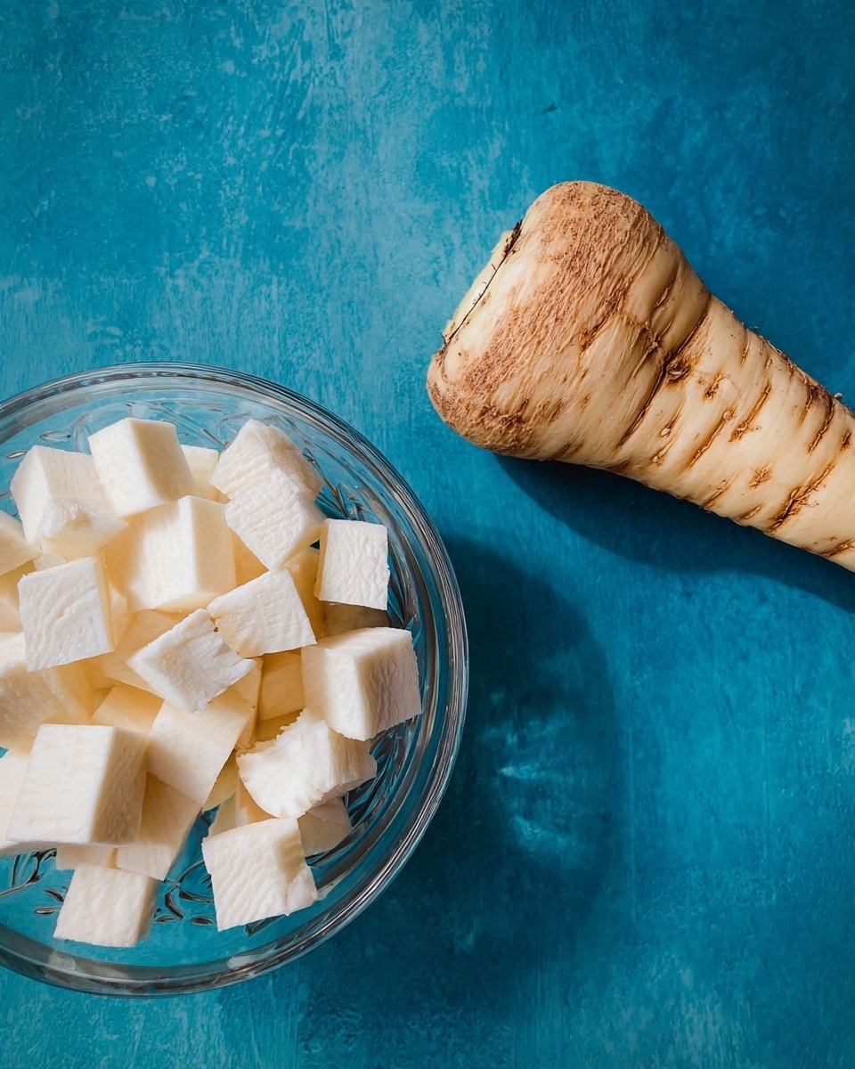 The image shows one whole light beige parsnip with brown lines on the right side, lying on a blue textured surface. On the left side, there is a clear glass bowl filled with white cubed parsnip pieces, each piece showing a slightly rough texture. The overall scene contrasts the natural shapes and textures of the parsnip with the smooth, geometric cubes in the bowl. photo taken with an iphone --ar 4:5 --v 7