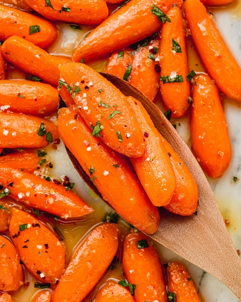 The image shows a close-up of bright orange glazed carrots tossed with small green herb pieces, giving a fresh look. The carrots are shiny and coated with a smooth glaze that catches the light, making them look juicy. They are arranged in a single layer on a white marbled surface, and a wooden spoon holds three carrots in the center, lifting them slightly above the rest. The carrots have a soft texture with some slight browning on the edges, adding depth. Tiny black pepper flakes and herb bits are scattered around, creating a contrast on the vibrant carrots. photo taken with an iphone --ar 4:5 --v 7