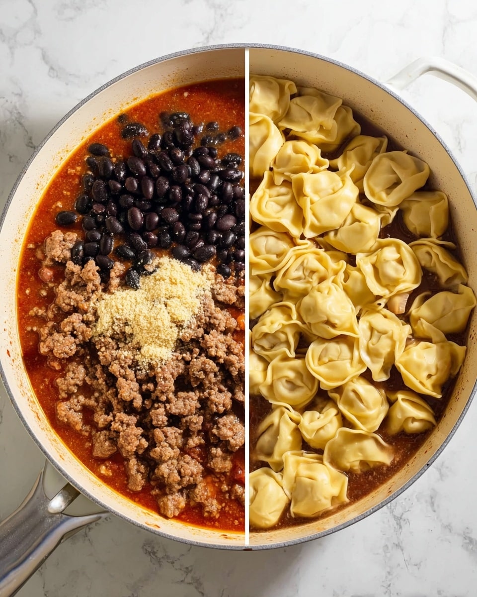The image shows a white pan with two stages of cooking. On the left, the pan contains a liquid red sauce at the bottom, topped with three main layers: one side has small black beans with a shiny texture, next to it is cooked ground meat in small clumps with a brown color, and on top is a layer of breadcrumb-like powder in a light beige color. On the right side, the same white pan has the red sauce base with cooked meat mixed in, now filled with many small, folded, pale yellow tortellini pasta floating on the surface. The pasta pieces have smooth and slightly ridged edges and are spread evenly across the pan. The pan sits on a white marbled surface. Photo taken with an iphone --ar 4:5 --v 7