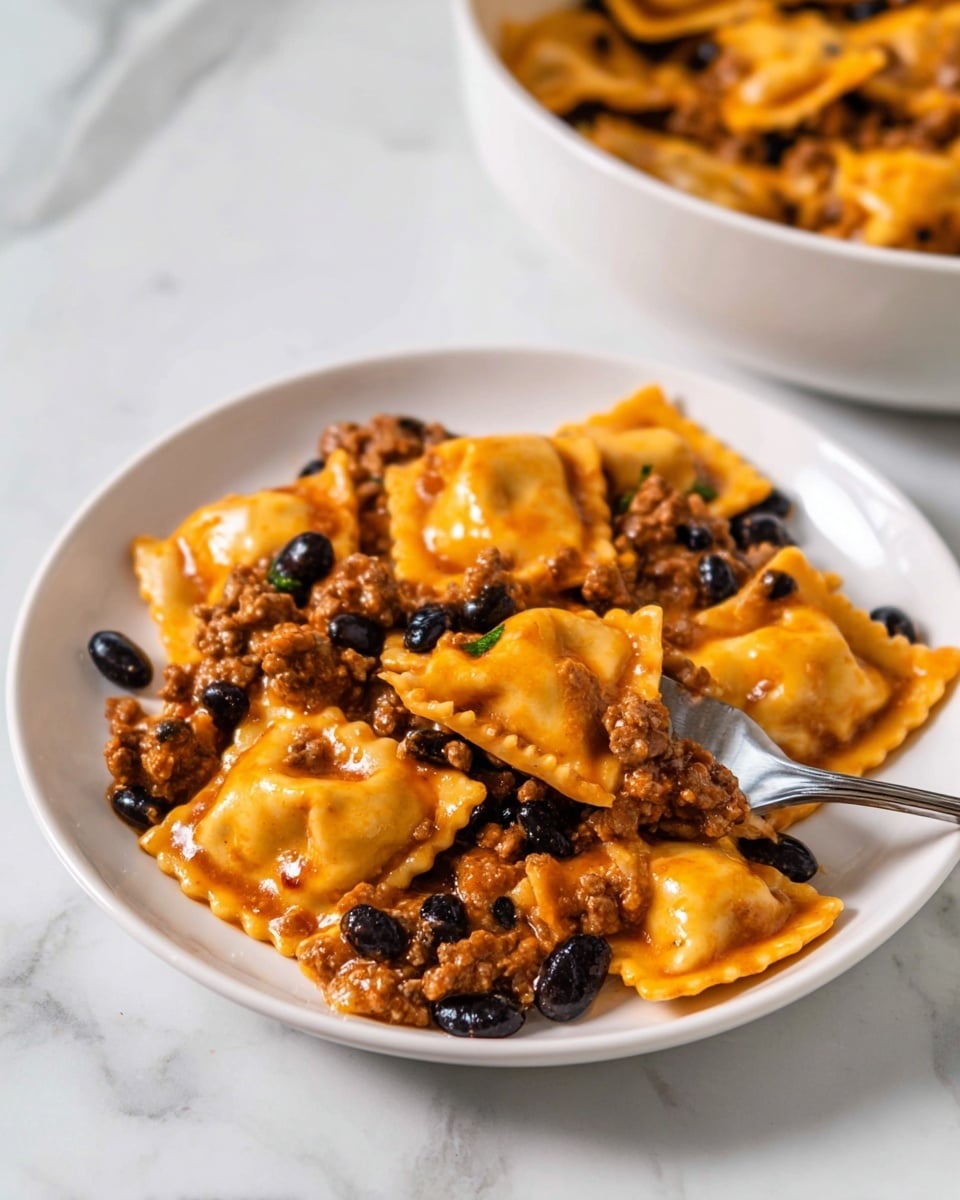 The dish shows one layer of stuffed pasta pieces in a light orange sauce, mixed with a layer of small chunks of ground meat and shiny black beans scattered evenly throughout. The pasta is smooth and rounded with a slightly glossy texture from the sauce, resting on a round white plate with a metal fork catching a piece at the front. The background is a white marbled surface with part of a white bowl holding more of the pasta mixture visible behind the plate. photo taken with an iphone --ar 4:5 --v 7