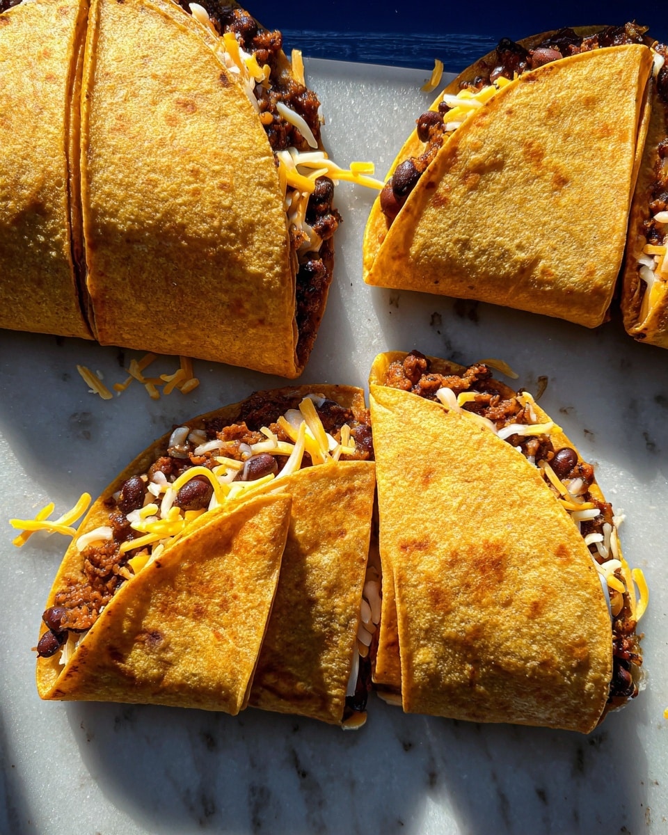 The image shows four folded golden-brown corn tortillas placed on a white surface with a marbled texture (changing the blue container to a white marbled surface). Each tortilla is filled with two visible layers: a dark brown chunky bean mixture as the bottom layer, and yellow and white shredded cheese on top of the beans. The cheese slightly spills out from the edges of the tortillas. The lighting highlights the texture of the crispy tortillas and melted cheese strands. The tortillas are arranged in a loose grid pattern with shadows giving some depth to the scene. Photo taken with an iphone --ar 4:5 --v 7