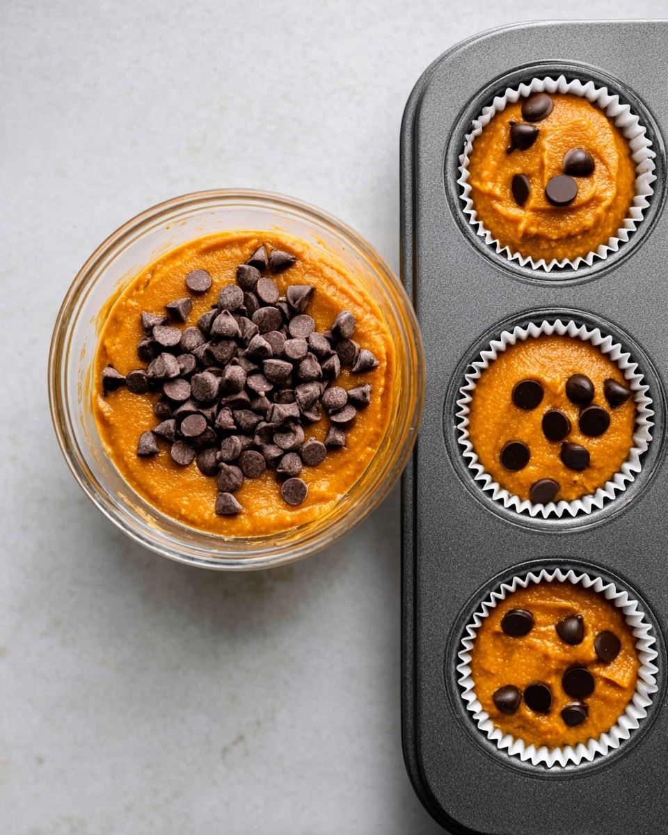A clear glass bowl sits on a white marbled surface filled with smooth, thick orange batter that forms the first layer, topped with a generous pile of small, dark brown chocolate chips creating a contrasting texture and color in the center. Next to it is a close-up view of a dark gray muffin tray holding white paper liners filled three-quarters with the same orange batter as in the bowl. Each liner has several dark brown chocolate chips scattered on top, their round, shiny shapes sitting visibly against the vibrant orange batter, ready to be baked. photo taken with an iphone --ar 4:5 --v 7