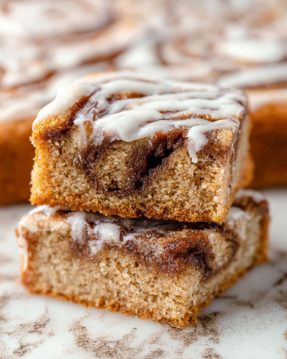 The image shows a close-up of two square slices of a cinnamon swirl cake stacked on top of each other. The cake has a soft texture with a light brown color and visible dark brown cinnamon swirls inside both layers. On top, there is a white glaze sauce that looks creamy and is spread unevenly, adding a shiny contrast to the cake. The background is a white marbled surface. photo taken with an iphone --ar 4:5 --v 7