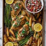 Greek Sheet Pan Lemon Chicken, Potatoes, and Asparagus with Roasted Red Pepper Feta Salsa Recipe
