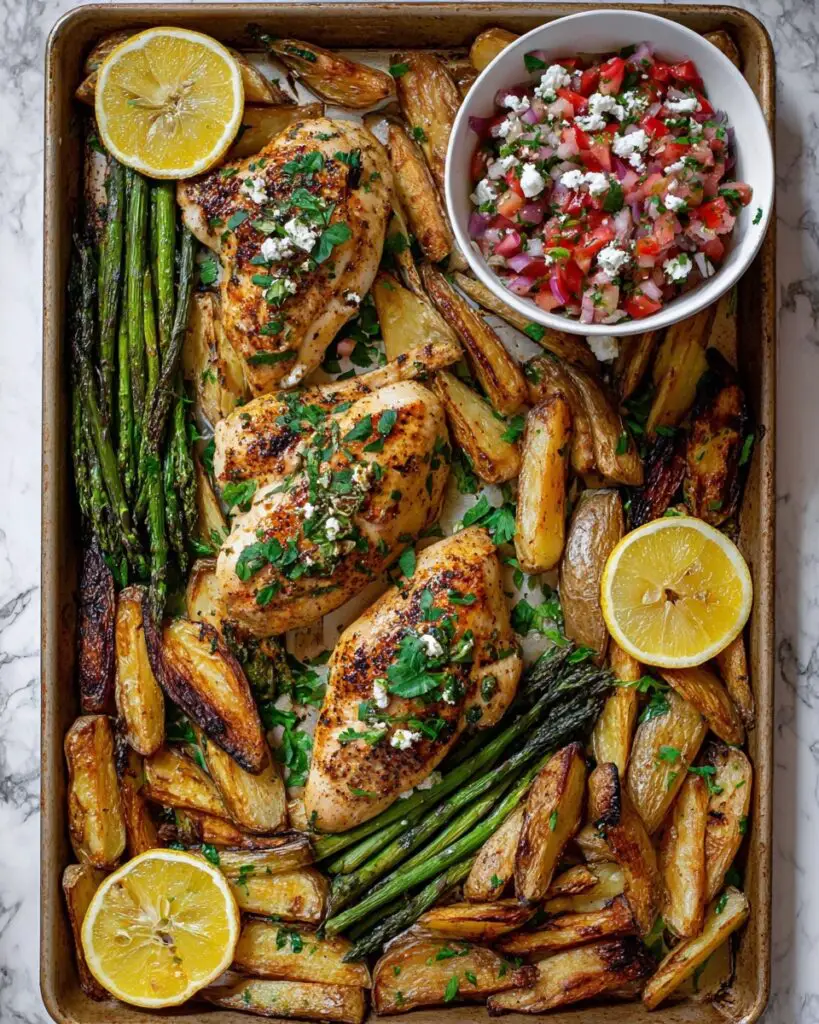 Greek Sheet Pan Lemon Chicken, Potatoes, and Asparagus with Roasted Red Pepper Feta Salsa Recipe