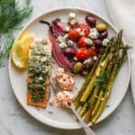 Greek Sheet Pan Salmon with Asparagus, Tomatoes, and Feta Recipe