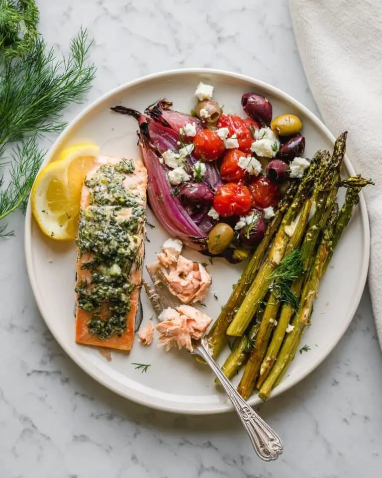 Greek Sheet Pan Salmon with Asparagus, Tomatoes, and Feta Recipe