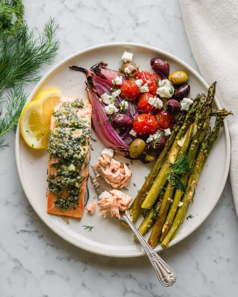 Greek Sheet Pan Salmon with Asparagus, Tomatoes, and Feta Recipe