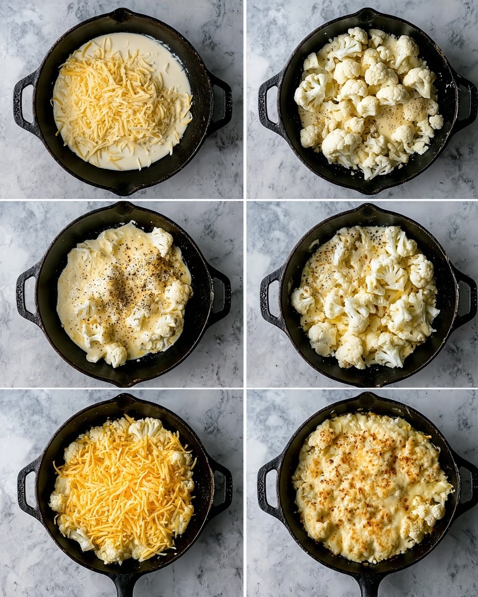 The image shows six steps of making a cheesy cauliflower dish in a black cast iron skillet on a white marbled surface. The first step has a layer of white sauce covered with shredded yellow cheese scattered unevenly. The second step adds large white cauliflower pieces on top of the cheese and sauce. The third step shows a mix of cheese, cauliflower, and sauce with some black pepper sprinkled on the surface. The fourth step covers the cauliflower more evenly with the cheese and sauce, filling most of the pan. The fifth step piles an even thicker layer of shredded yellow cheese all over the cauliflower and sauce, almost overflowing the skillet. The final step shows the baked dish with golden-brown spots on the melted cheese and cauliflower, with some parts browned and crispy. photo taken with an iphone --ar 4:5 --v 7