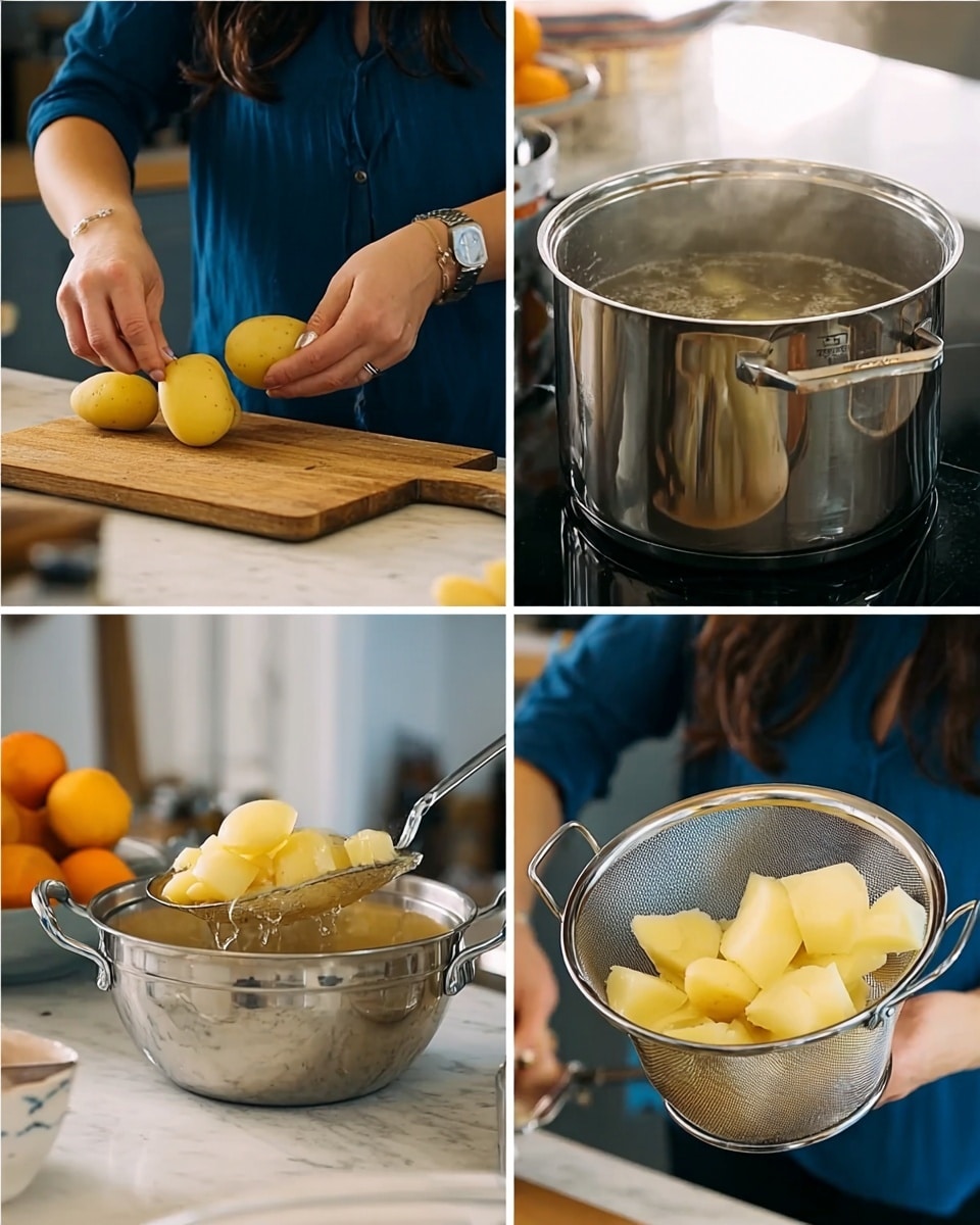 A collage shows four scenes of potato cooking. The first scene has a woman’s hand placing yellow potato pieces from a wooden board into a silver pot. The second scene shows the pot filled with boiling water and potato pieces inside. The third scene shows peeled potato chunks in a silver colander. In the last scene, the woman in a blue shirt uses a silver skimmer to scoop cooked potato pieces from the colander over a wooden countertop with some kitchen items and orange fruits in the background, all on a white marbled surface. photo taken with an iphone --ar 4:5 --v 7