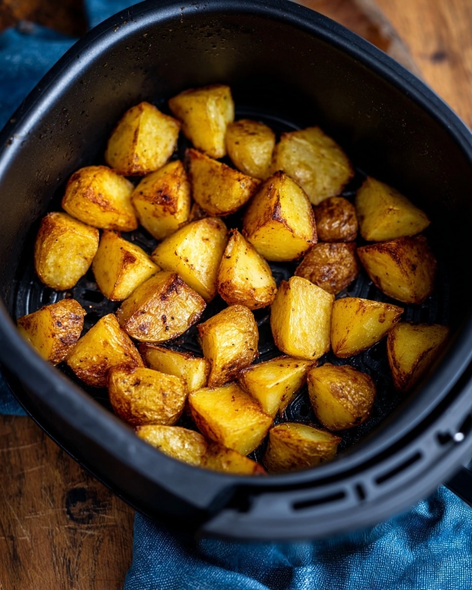 The image shows a black air fryer basket filled with golden roasted potato chunks. The potatoes are cut into medium-sized pieces with a crispy, slightly browned outer layer and a soft yellow inside. The basket sits on a wooden surface with a blue cloth nearby. The focus is on the potatoes inside the basket, showing their texture and color clearly. photo taken with an iphone --ar 4:5 --v 7