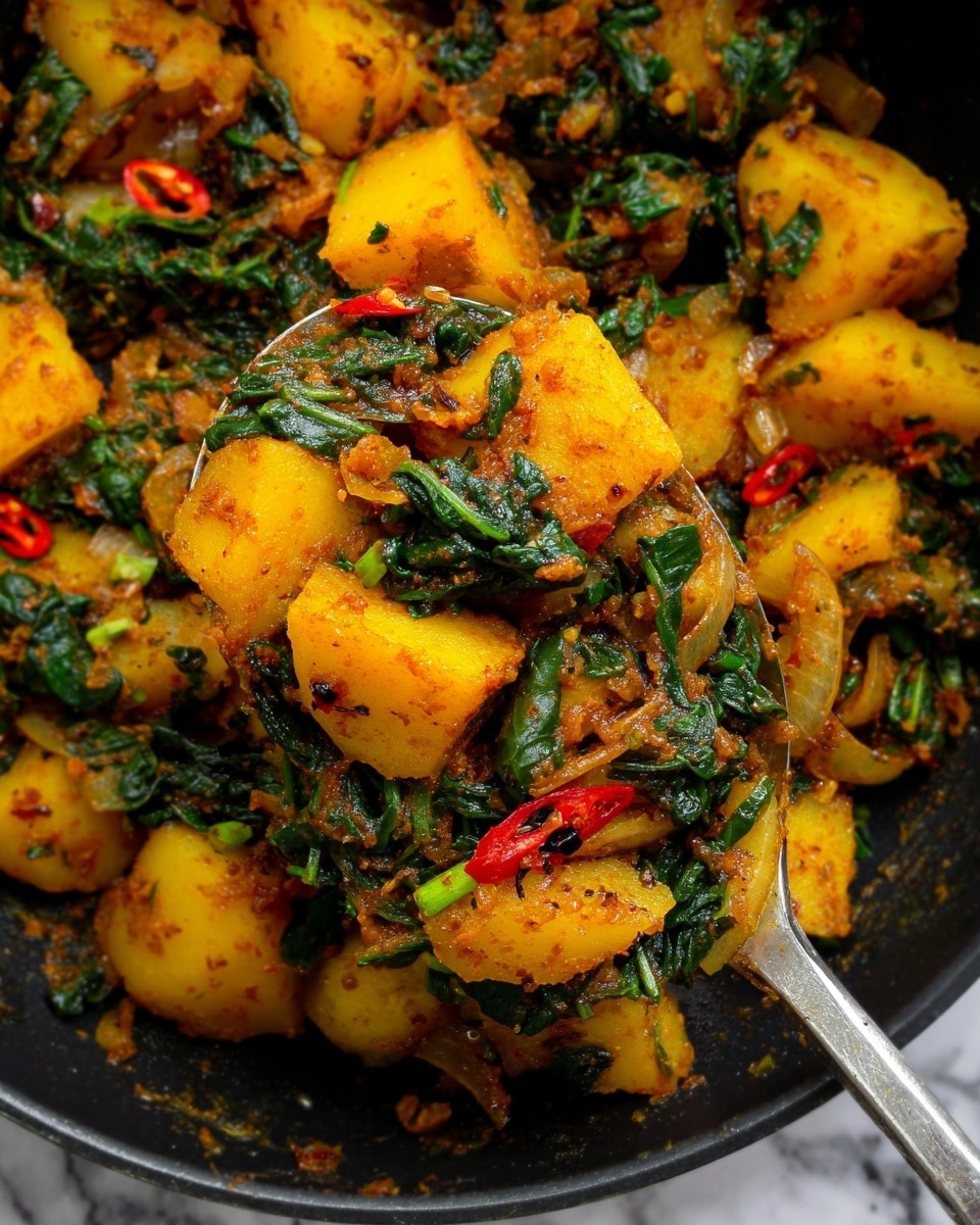 The image shows a close-up of a dish made of cooked yellow potato pieces mixed with wilted dark green spinach leaves. The potatoes are soft and coated with a mix of spices, giving them a warm orange-yellow color. Small pieces of red chili peppers and bits of chopped green herbs are scattered throughout. There are also browned onion slices mixed in. The dish is in a black pan with a metal spoon lifting some of the food. The background is a white marbled texture. photo taken with an iphone --ar 4:5 --v 7