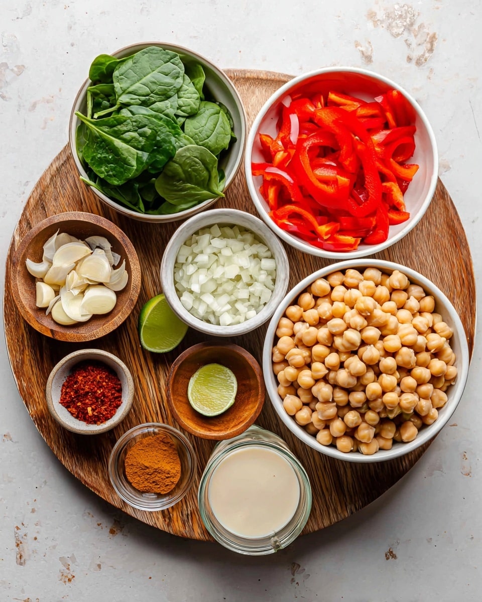 A round wooden board on a white marbled surface holds multiple small white bowls and dishes with colorful ingredients arranged neatly. The largest bowl, on the right, is filled with light beige chickpeas. Above it, a white bowl contains bright red sliced bell peppers. To the left, a white bowl shows fresh green spinach leaves with smooth texture. Above that is a wooden bowl with finely chopped white onions. Near the bottom left are smaller dishes: one with minced garlic, one with a red paste, and a small glass of creamy white liquid. There is also half a lime and a wooden bowl with powdered spices in warm orange and brown shades. Everything is clear and well-lit, photo taken with an iphone --ar 4:5 --v 7