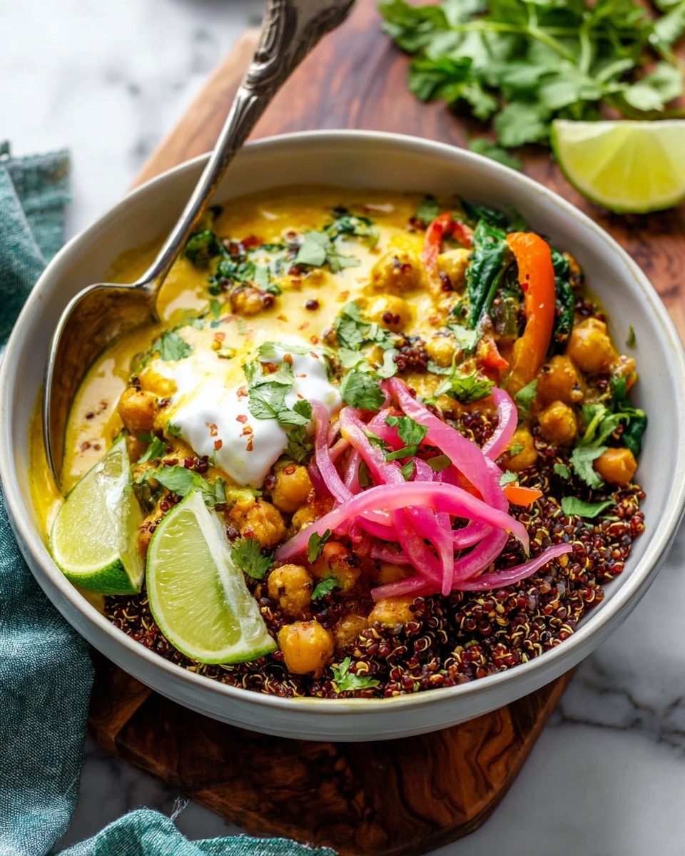 In a white bowl with a spoon inside, there is a colorful layered dish. The bottom layer is dark red quinoa with a grainy texture. On top of it, there are chickpeas mixed with cooked spinach and orange bell pepper strips, all covered in a thick, creamy yellow curry sauce. Dollops of white yogurt sit on one side, topped with thin pink pickled onion rings and small green coriander leaves scattered across. On one side of the bowl, two lime wedges rest against the mix. The bowl sits on a white marbled surface, with wooden cutting board and fresh herbs blurred in the background. Photo taken with an iphone --ar 4:5 --v 7