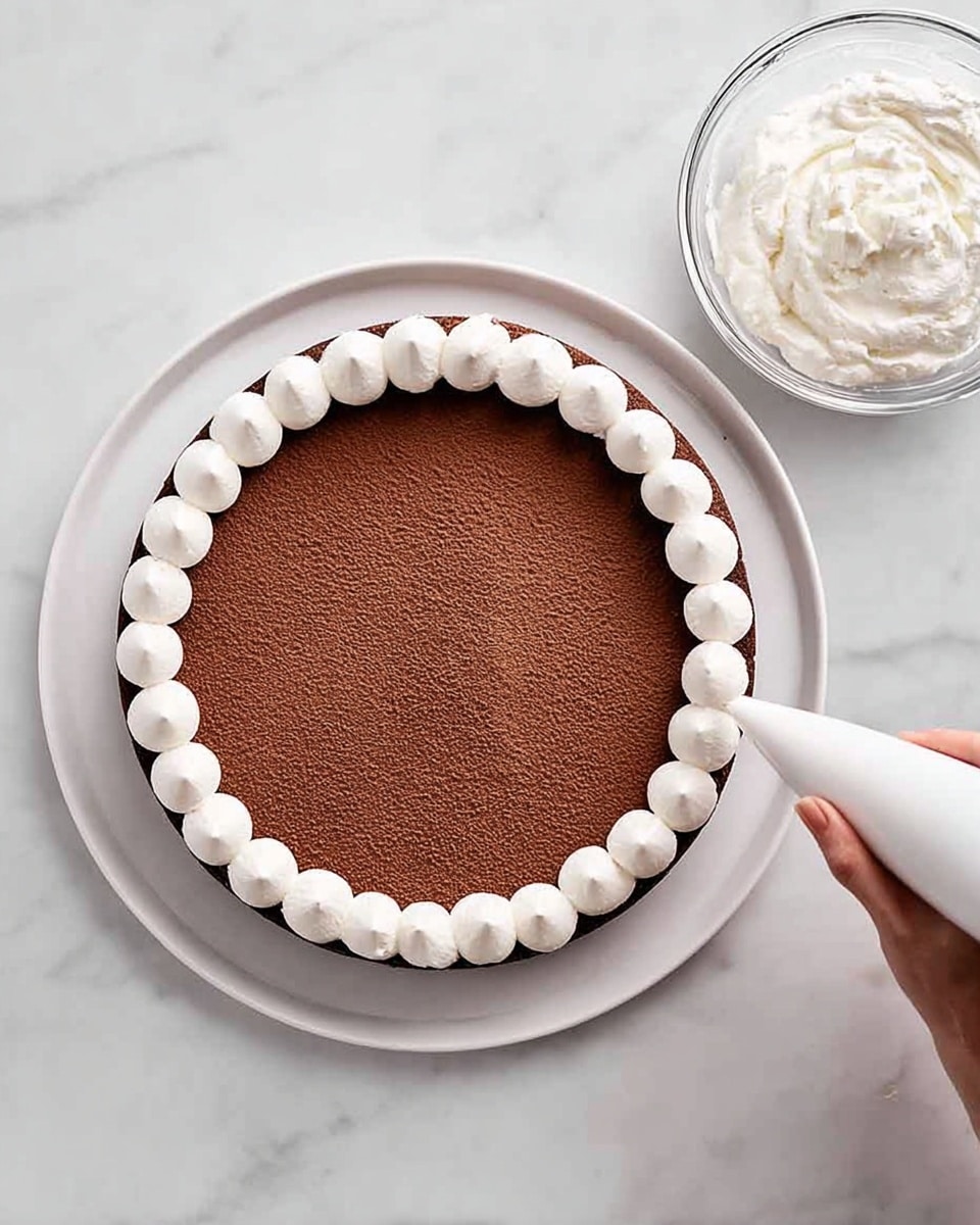 A round chocolate cake on a white plate sits on a white marbled surface. The cake has one visible layer of smooth, medium brown chocolate frosting covering the top evenly. Around the edge of the cake’s top, there is a circle of evenly spaced, white whipped cream dollops being piped by a woman's hand holding a white piping bag. To the right side, there is a clear glass bowl filled with more white whipped cream. The photo is bright and clear, focusing on the cake’s top and the woman's hand creating the decoration, photo taken with an iphone --ar 4:5 --v 7