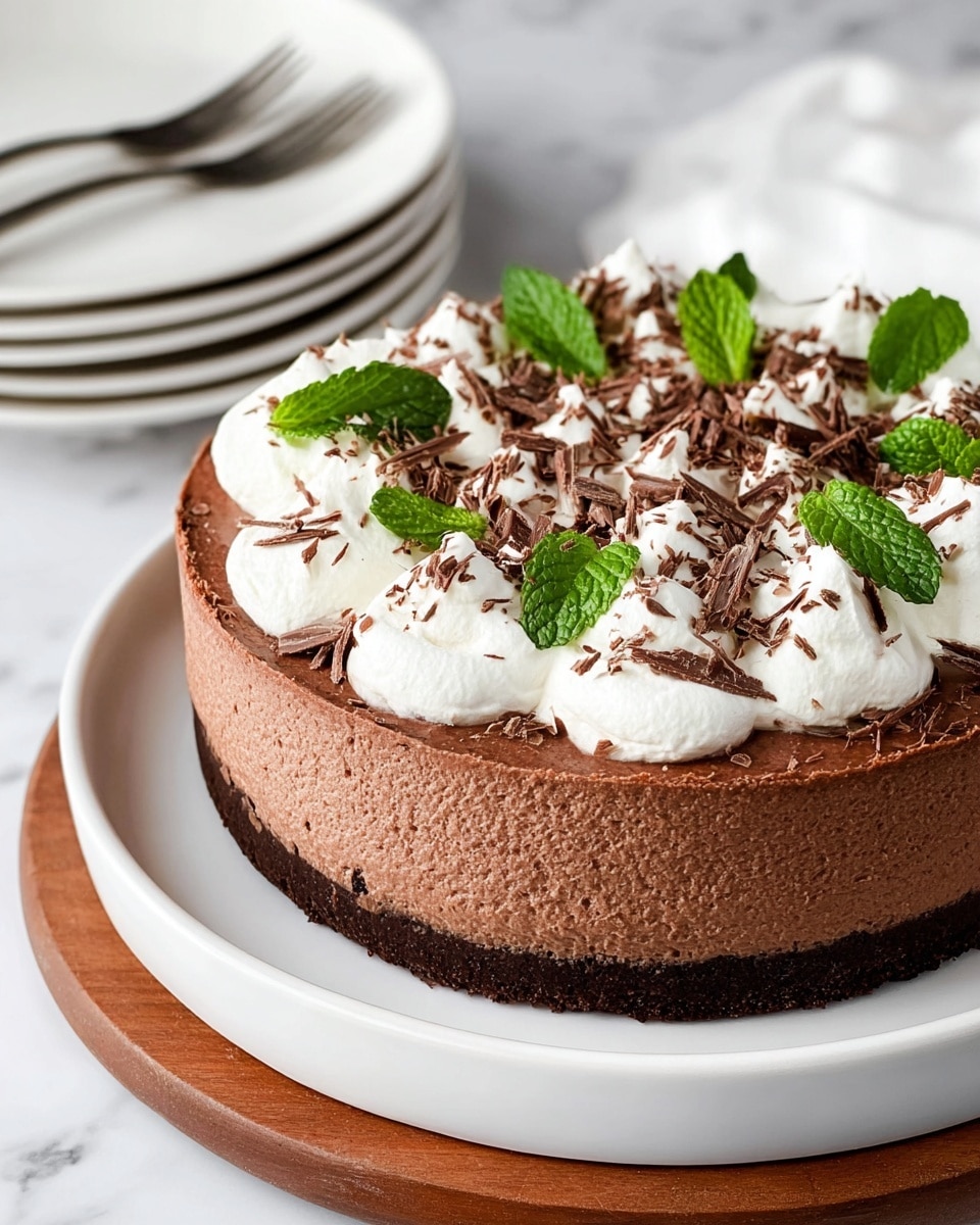 A round chocolate mousse cake with three visible layers: a dark brown firm base layer at the bottom, a thick middle layer of light brown smooth mousse, and the top layer decorated with white whipped cream dollops arranged closely together, sprinkled with thin dark chocolate shavings, and fresh green mint leaves placed on top. The cake is placed on a white plate on top of a wooden board, with a white marbled surface in the background. In the background, there is a stack of white plates and a fork. Photo taken with an iphone --ar 4:5 --v 7