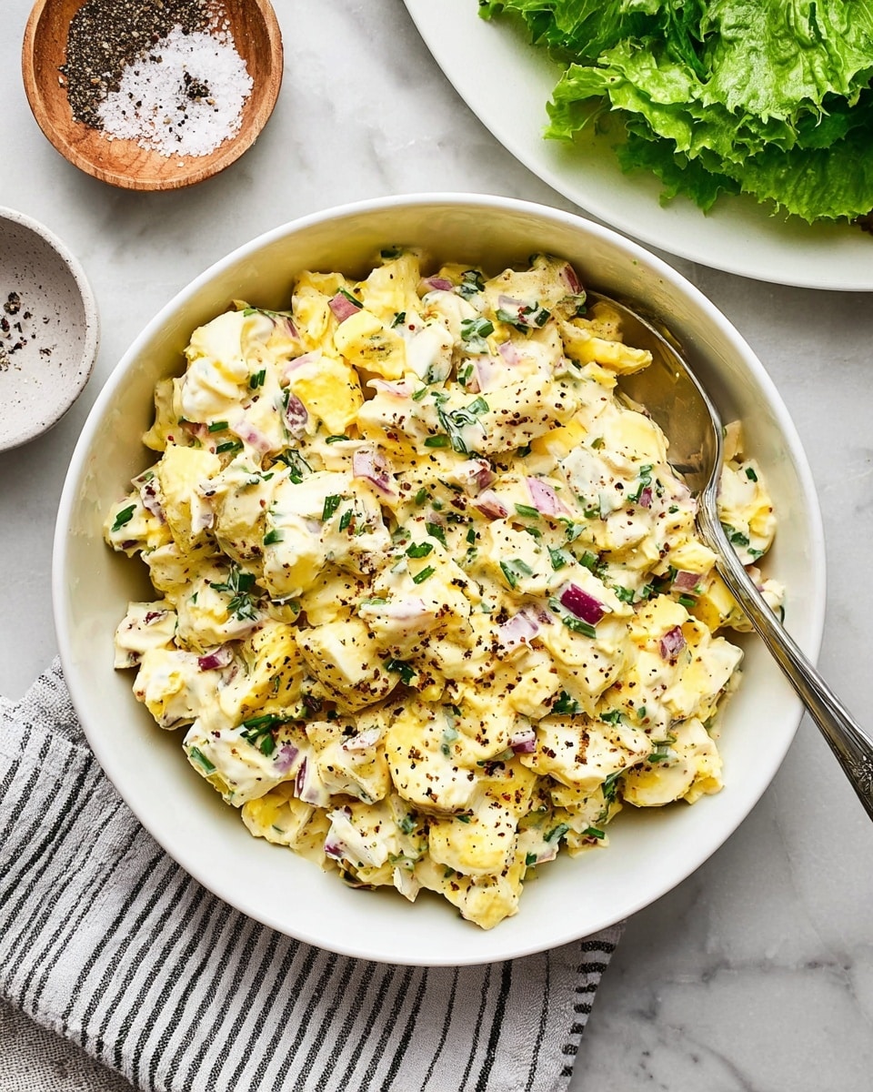 The image shows a white bowl filled with a creamy egg salad made of chopped yellow and white pieces of egg mixed with small bits of purple-red onion and green herbs, all coated in a pale yellow dressing with specks of black pepper. A silver spoon rests inside the bowl, partly buried in the salad. The bowl is placed on a white marbled surface next to a small dish with coarse salt and black pepper and a white plate with green leafy lettuce. A striped cloth napkin is partly visible under the bowl. photo taken with an iphone --ar 4:5 --v 7