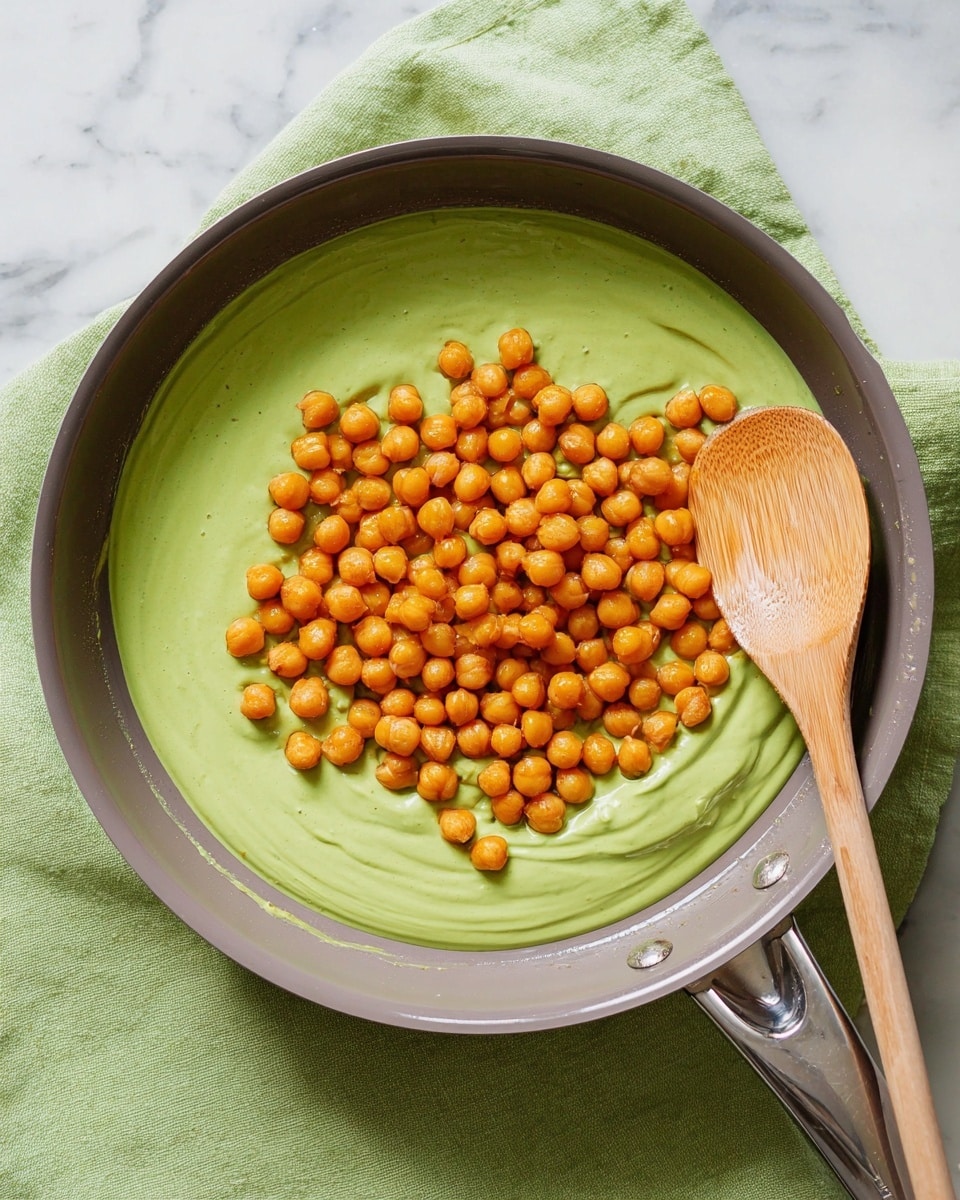 A grey frying pan holds two layers: the bottom layer is smooth, bright green sauce spread evenly across the pan, with a light glossy texture, while the top layer is a large mound of round, shiny, orange chickpeas centered on the sauce. A wooden spoon with a light wood grain rests on the right side of the pan, touching the chickpeas but mostly lying on the green sauce. The pan is on a pale green cloth over a white marbled surface. photo taken with an iphone --ar 4:5 --v 7