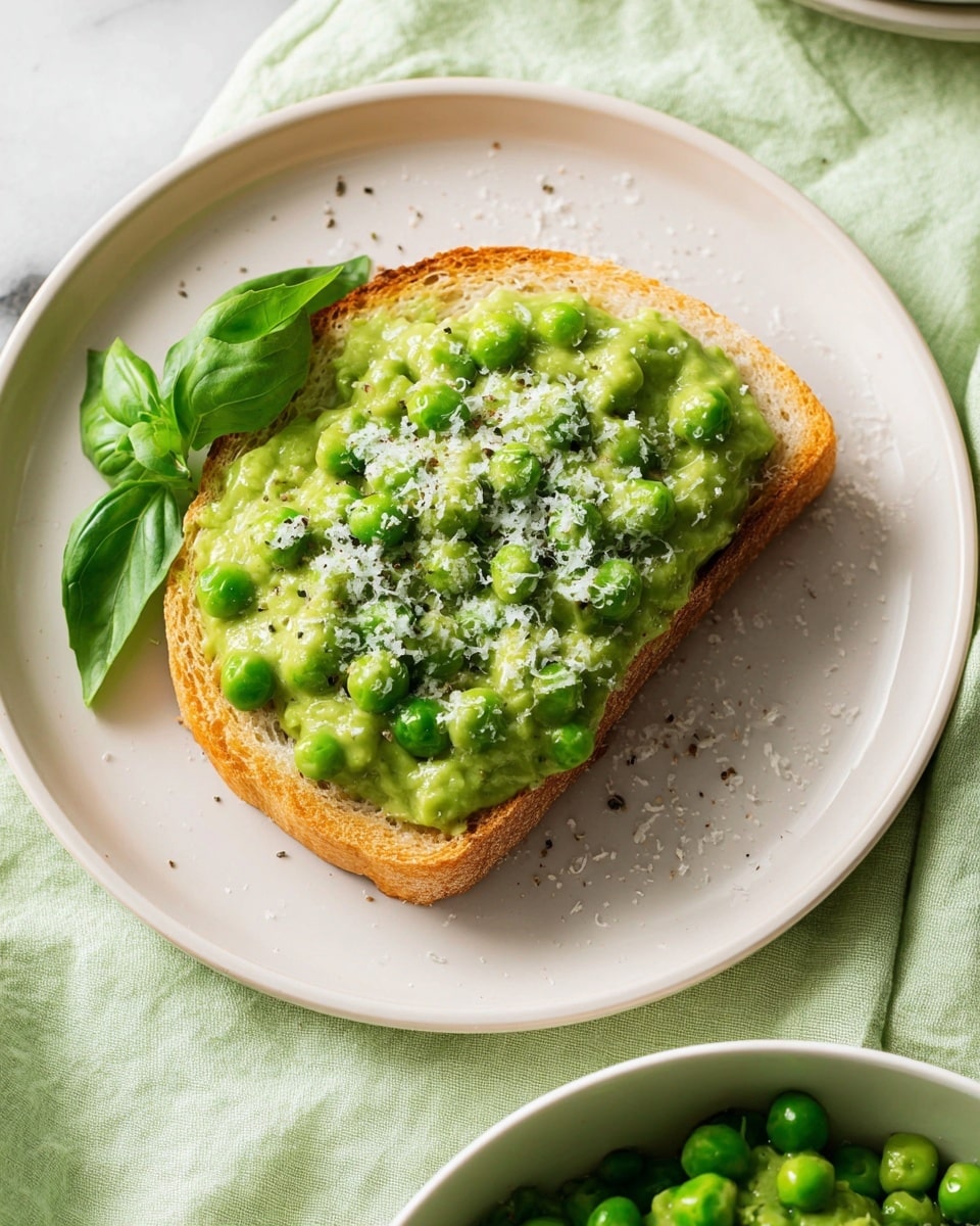 A single slice of light golden brown crusty bread lies flat on a white plate with a smooth finish, placed on a light green cloth. On top of the bread is a thick layer of bright green creamy sauce with whole peas visible, giving it a bumpy texture. The sauce is sprinkled with a light dusting of finely grated white cheese and small specks of black pepper. A fresh green basil leaf rests on the left side of the sauce, adding a fresh touch. In the bottom right corner, part of a white bowl filled with the same green sauce and peas is visible. Photo taken with an iphone --ar 4:5 --v 7