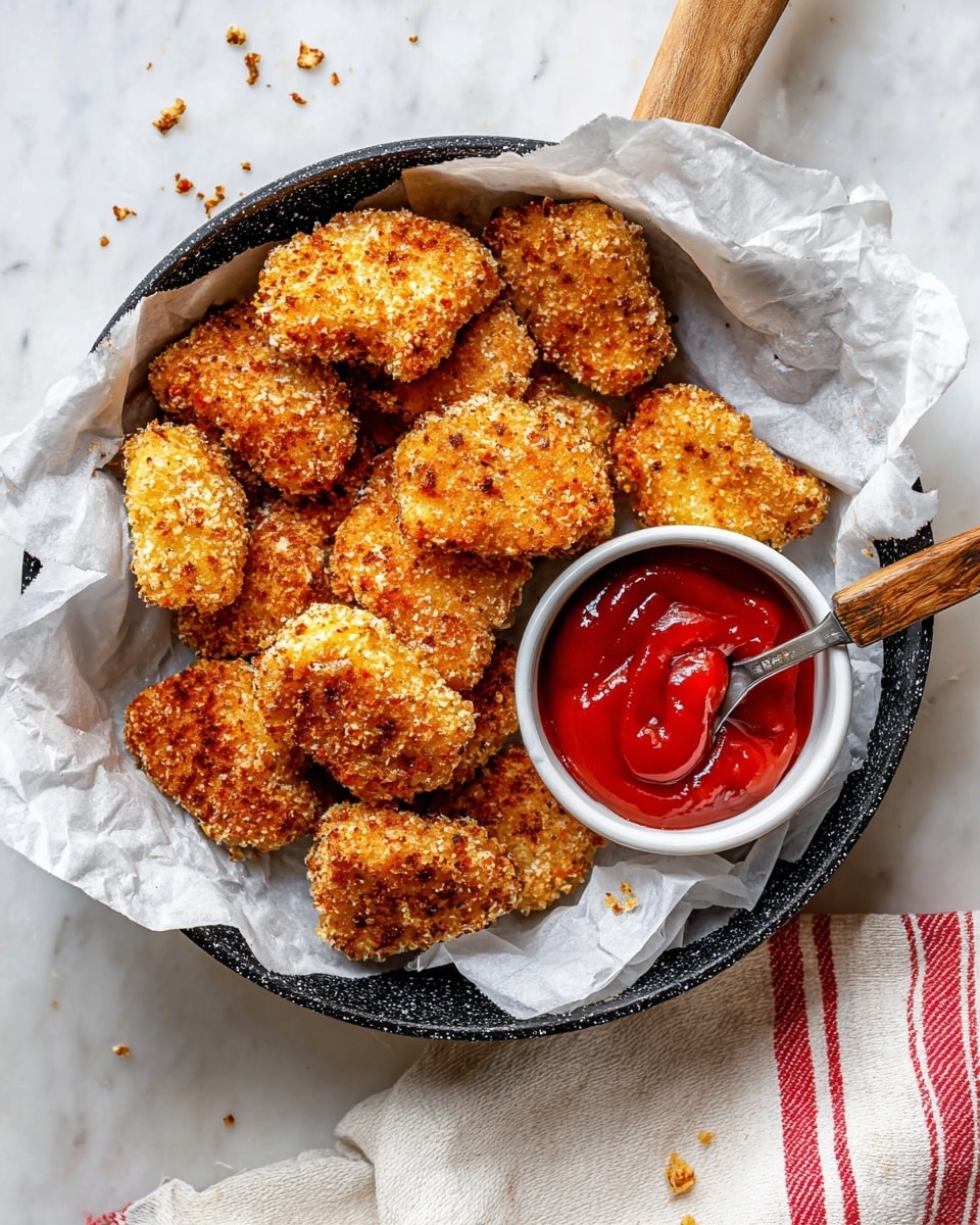 A round, black speckled pan lined with white crumpled parchment paper holds about ten pieces of crispy, golden brown breaded nuggets. The nuggets have a rough, crunchy texture with small crumbs scattered around them. On the right side inside the pan, there is a small white bowl filled with thick, bright red ketchup, and a spoon with a wooden handle rests in the bowl. The pan is placed on a white marbled surface with a white cloth featuring red stripes partially visible on the lower right side. Photo taken with an iphone --ar 4:5 --v 7