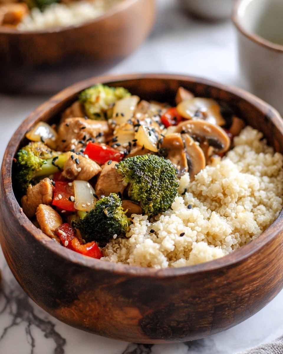 A brown wooden bowl holds a dish with two main layers. The bottom layer is a bed of fluffy beige grain, with small uneven grains tightly packed. On top is a colorful mix of cooked broccoli florets, small chunks of light brown meat, sliced light beige mushrooms, thin translucent cooked onion slices, and small pieces of red bell pepper, all sprinkled with black sesame seeds. The textures of the vegetables look soft and tender, while the meat pieces appear juicy. The background is a white marbled surface with blurred elements of another bowl and a cup in soft focus. Photo taken with an iphone --ar 4:5 --v 7