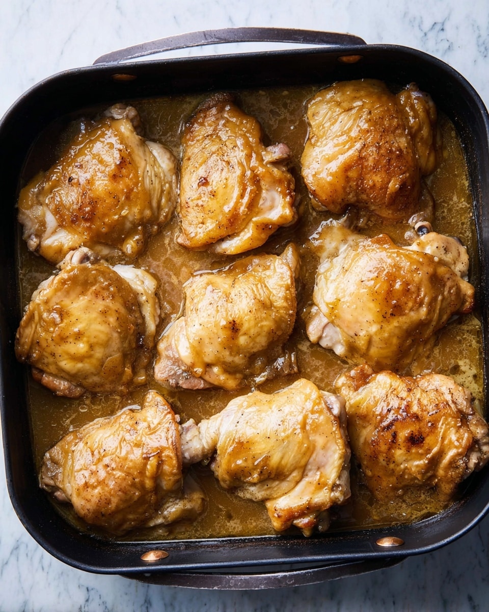 A black roasting pan filled with eight pieces of cooked chicken thighs closely packed. The chicken pieces have a light golden-brown color with a few darker spots, covered in a thick, shiny sauce that is caramel-brown and slightly creamy in texture. The sauce pools around the chicken, filling the bottom of the pan and giving a moist look to the dish. The pan handles are visible on the right side, and the background is a white marbled surface. photo taken with an iphone --ar 4:5 --v 7