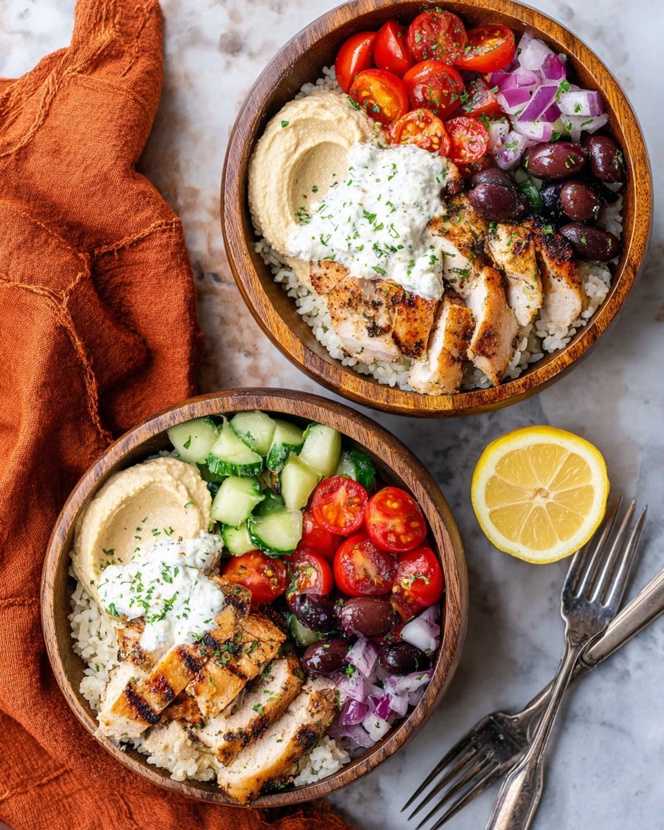 Two wooden bowls are filled with a light base layer of rice, topped with sliced grilled chicken that is golden brown with light sear marks. One bowl has a dollop of light beige hummus on one side and a dollop of white creamy sauce sprinkled with green herbs on top of the chicken. Both bowls include a medley of chopped cucumber, halved bright red cherry tomatoes, and dark, glossy olives mixed with finely chopped purple onions, arranged next to the chicken and sauces. One bowl also features a lemon wedge placed on the side. The bowls are placed on a white marbled surface with an orange cloth and a silver fork nearby. Photo taken with an iphone --ar 4:5 --v 7