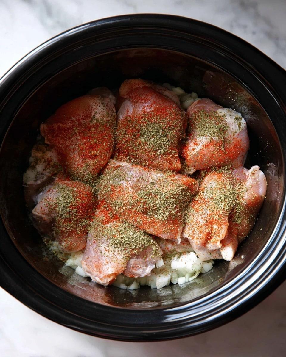 Inside a black slow cooker, there are two layers visible. The bottom layer is made of small pieces of white chopped onions that look moist and slightly shiny. The top layer consists of seven raw chicken thighs placed close to each other, with a pale pink color. Each thigh is sprinkled evenly with a red powdery spice, giving a bright reddish contrast, and a green dried herb that is spread across all the chicken. The inside of the slow cooker has a smooth, dark surface. The scene is set against a white marbled surface. Photo taken with an iphone --ar 4:5 --v 7