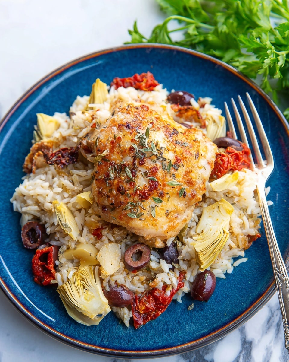 A blue plate holds a single piece of cooked chicken with golden-brown skin and some herbs on top, placed in the center. Underneath the chicken is a layer of cooked white rice mixed with sliced black olives, pieces of pale yellow artichoke hearts, and small red sun-dried tomato chunks. The rice looks soft and mixed well with the toppings spread evenly around the chicken. A silver fork is resting on the right side of the plate. The plate is on a white marbled surface with some green parsley blurred in the background. Photo taken with an iphone --ar 4:5 --v 7