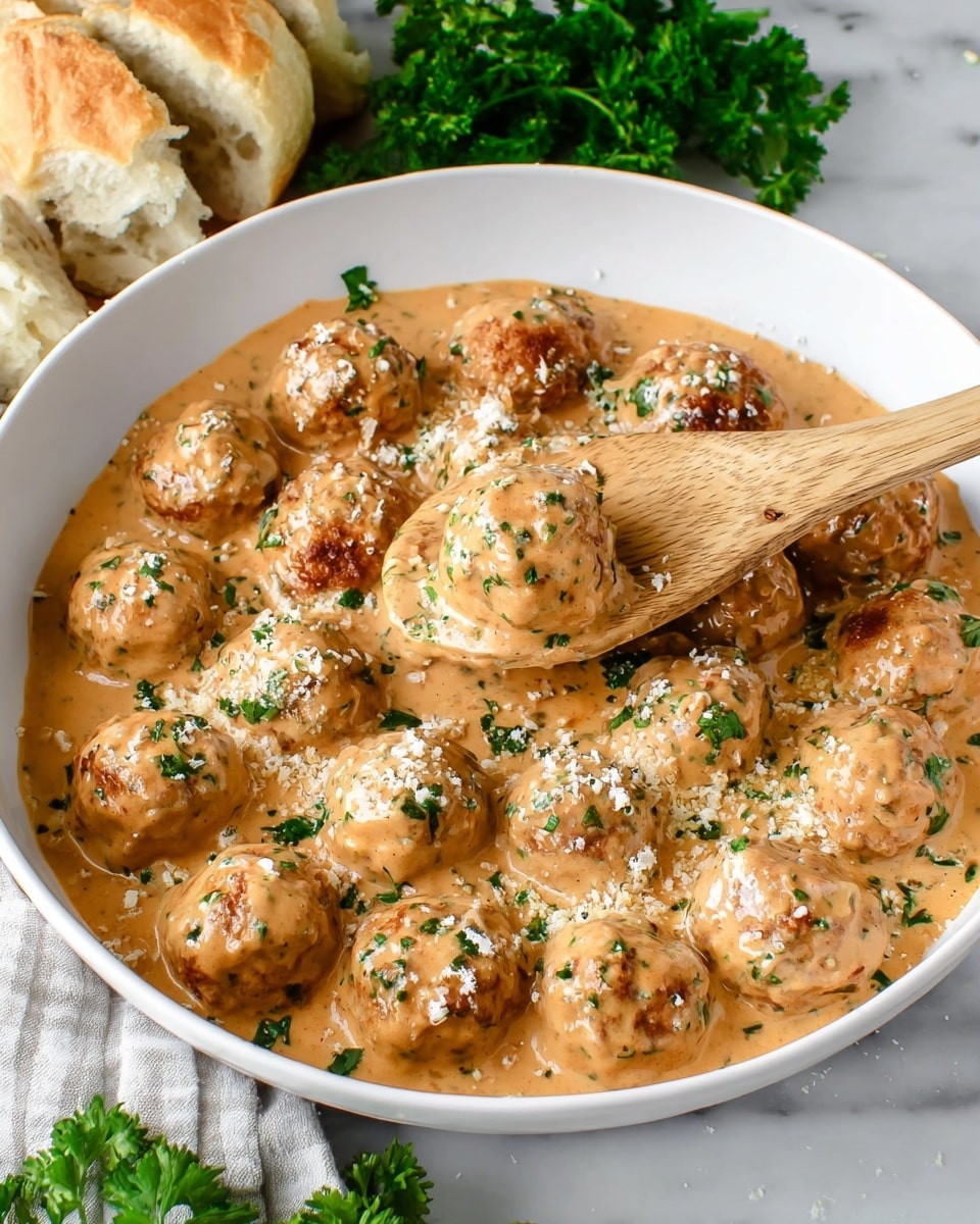 The image shows a white deep bowl filled with about twenty meatballs covered in a thick, creamy light brown sauce with green herb flecks. The meatballs are round, smooth, and evenly coated, arranged closely together with one meatball on a wooden spoon lifting slightly above the others near the center of the bowl. The sauce looks rich and glossy with small bits of green herbs and white grated cheese sprinkled on top for garnish. Fresh green parsley leaves surround the bowl on a white marbled surface, with some pieces of light bread in the background, adding a warm, homey touch. Photo taken with an iphone --ar 4:5 --v 7