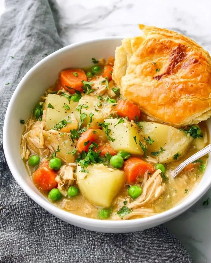 Chicken Pot Pie Soup with Puff Pastry Shells Recipe