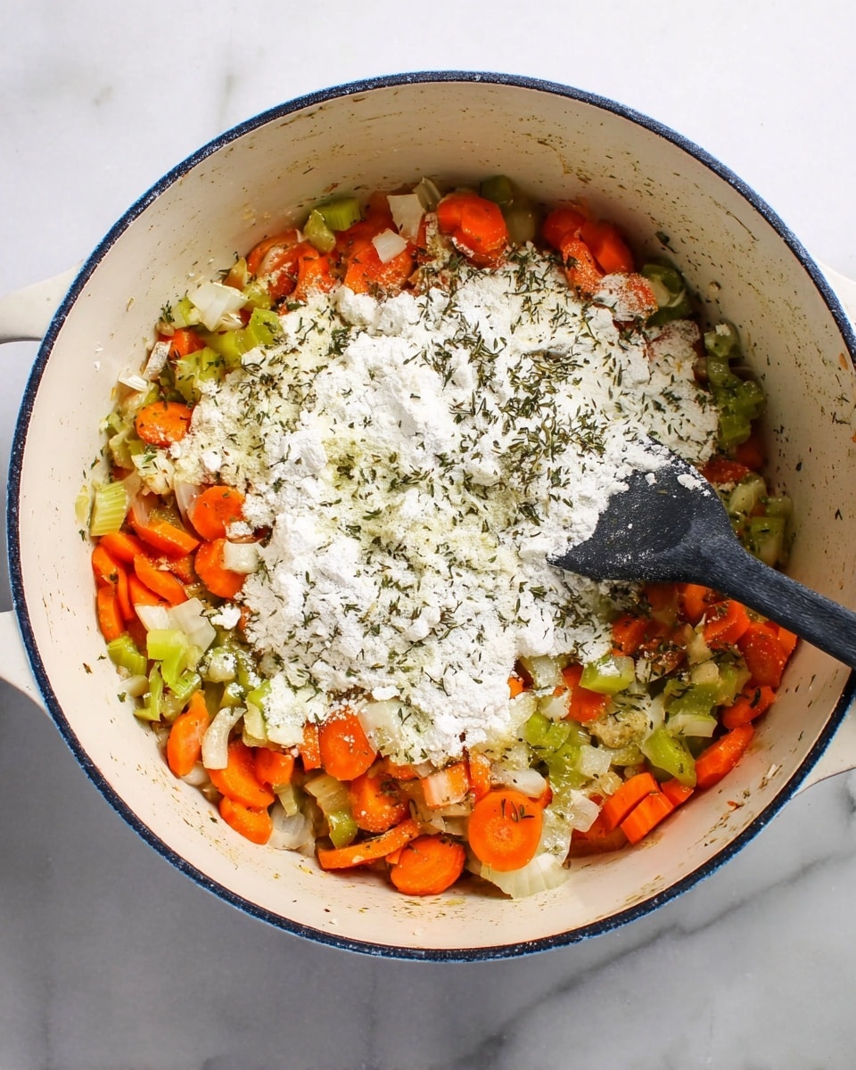 Inside a white pot with a blue rim, there is a mix of chopped cooked vegetables including bright orange carrot slices, light green celery pieces, and translucent chopped onions, all seasoned with herbs. On top of the vegetables, there is a layer of white flour that is being stirred with a black spatula. The scene is set on a white marbled surface. Photo taken with an iphone --ar 4:5 --v 7